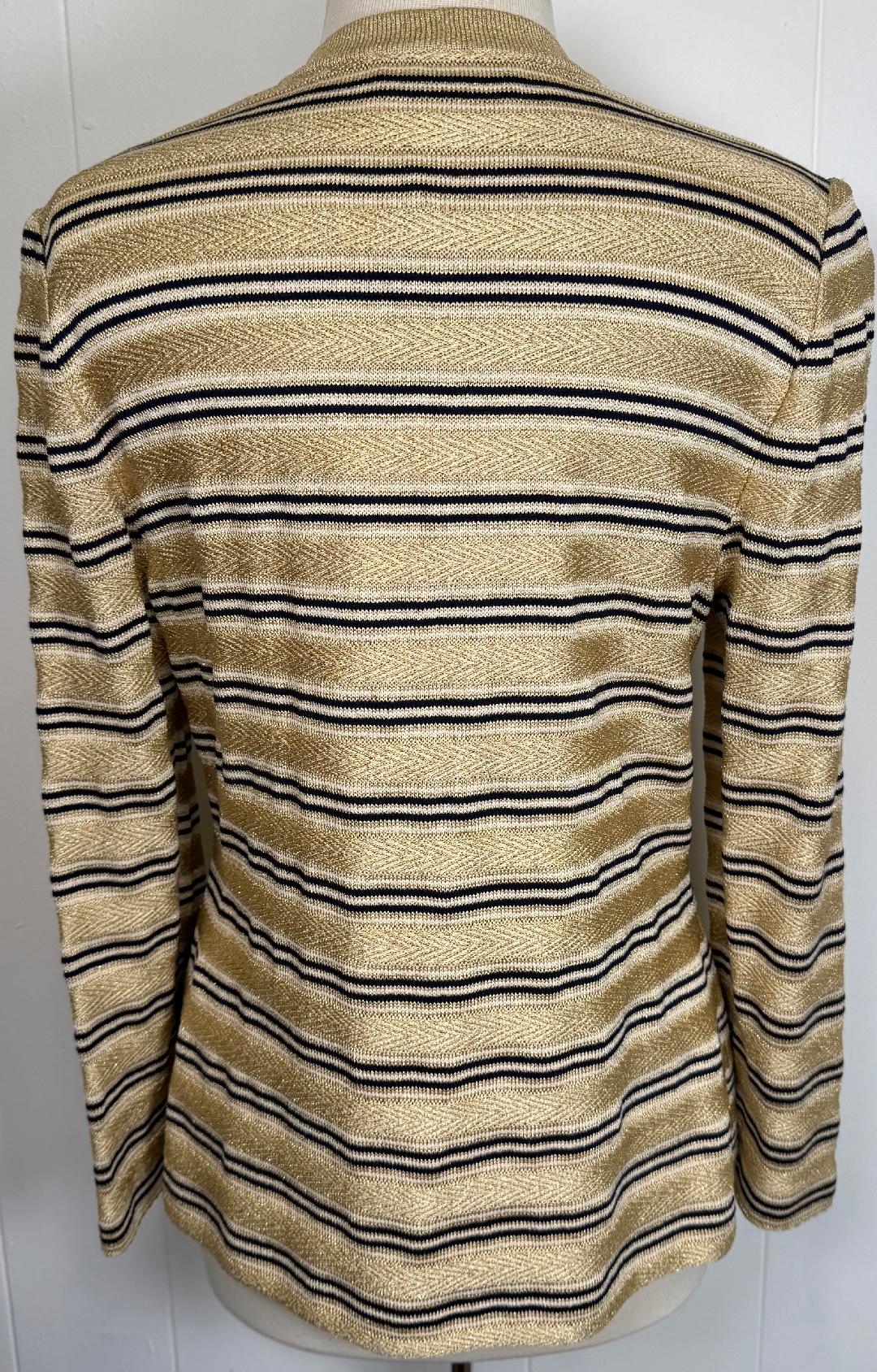 St. John Gold, Navy & White Striped Knit Jacket – V-Neck & Logo Button Front – Size 14