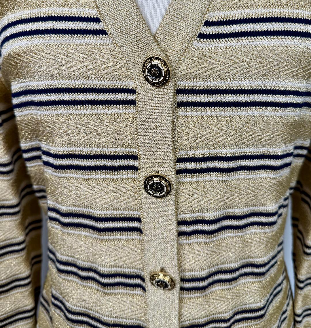 St. John Gold, Navy & White Striped Knit Jacket – V-Neck & Logo Button Front – Size 14
