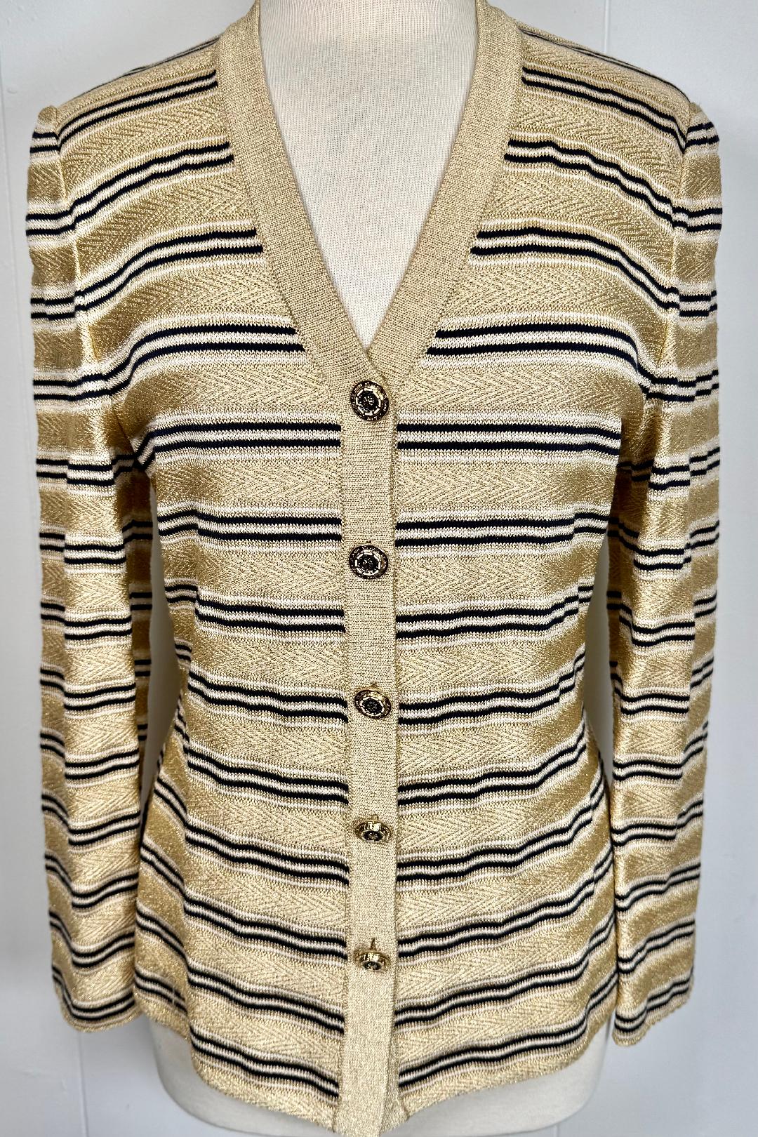 St. John Gold, Navy & White Striped Knit Jacket – V-Neck & Logo Button Front – Size 14