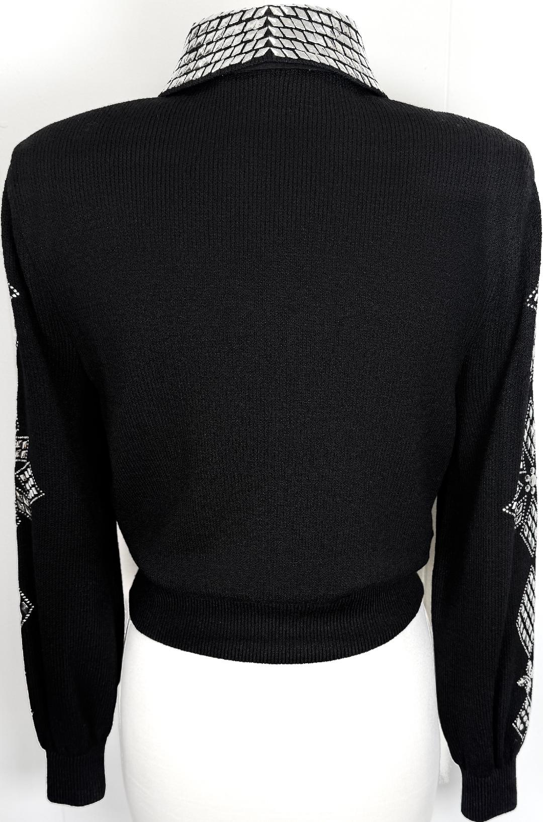 St. John Black Santana Knit Zip Jacket – Silver Paillette Detail & Contrast Collar – Size 10/12