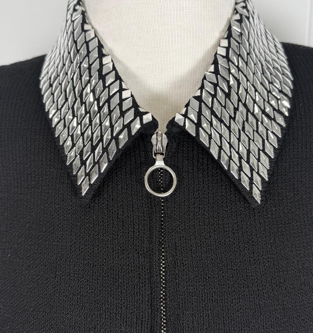St. John Black Santana Knit Zip Jacket – Silver Paillette Detail & Contrast Collar – Size 10/12