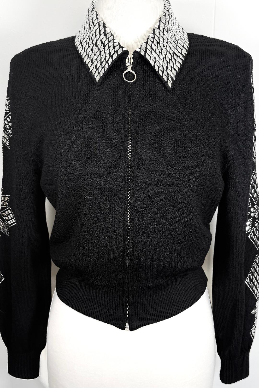 St. John Black Santana Knit Zip Jacket – Silver Paillette Detail & Contrast Collar – Size 10/12