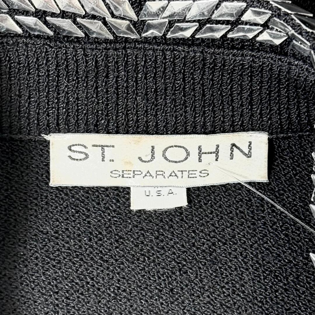 St. John Black Santana Knit Zip Jacket – Silver Paillette Detail & Contrast Collar – Size 10/12