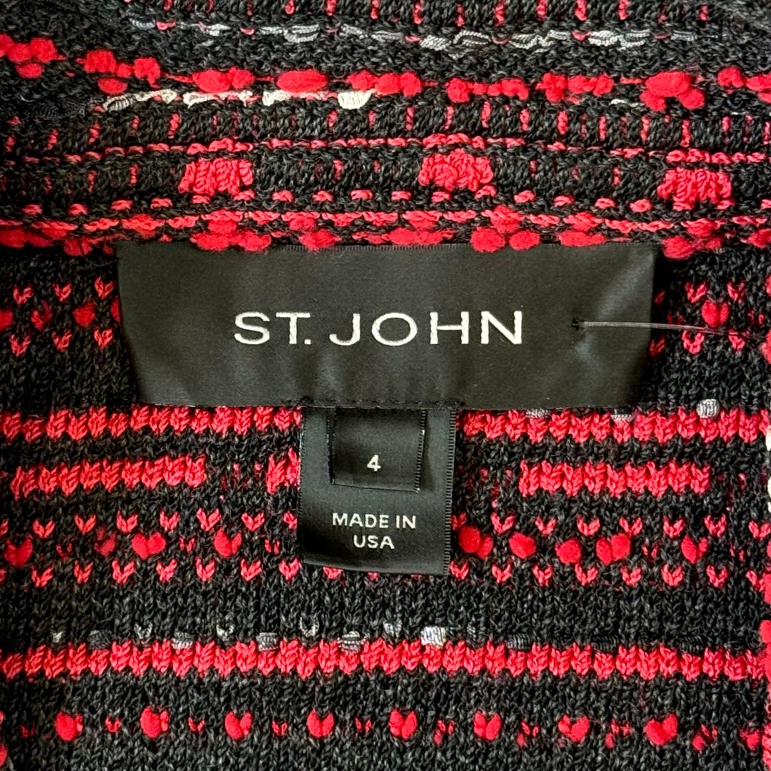 St. John Black, Red & White Textured Knit Jacket – Zip Front & Tailored Fit – Size 4
