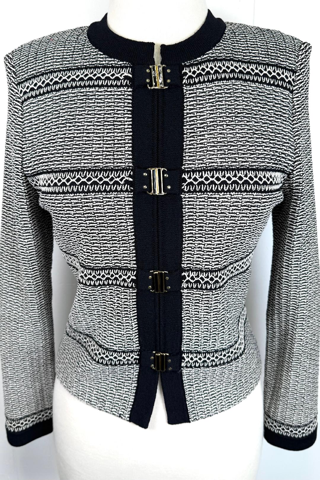 St. John Black & White Santana Knit Jacket – Gold & Black Clasp Closure – Size 2