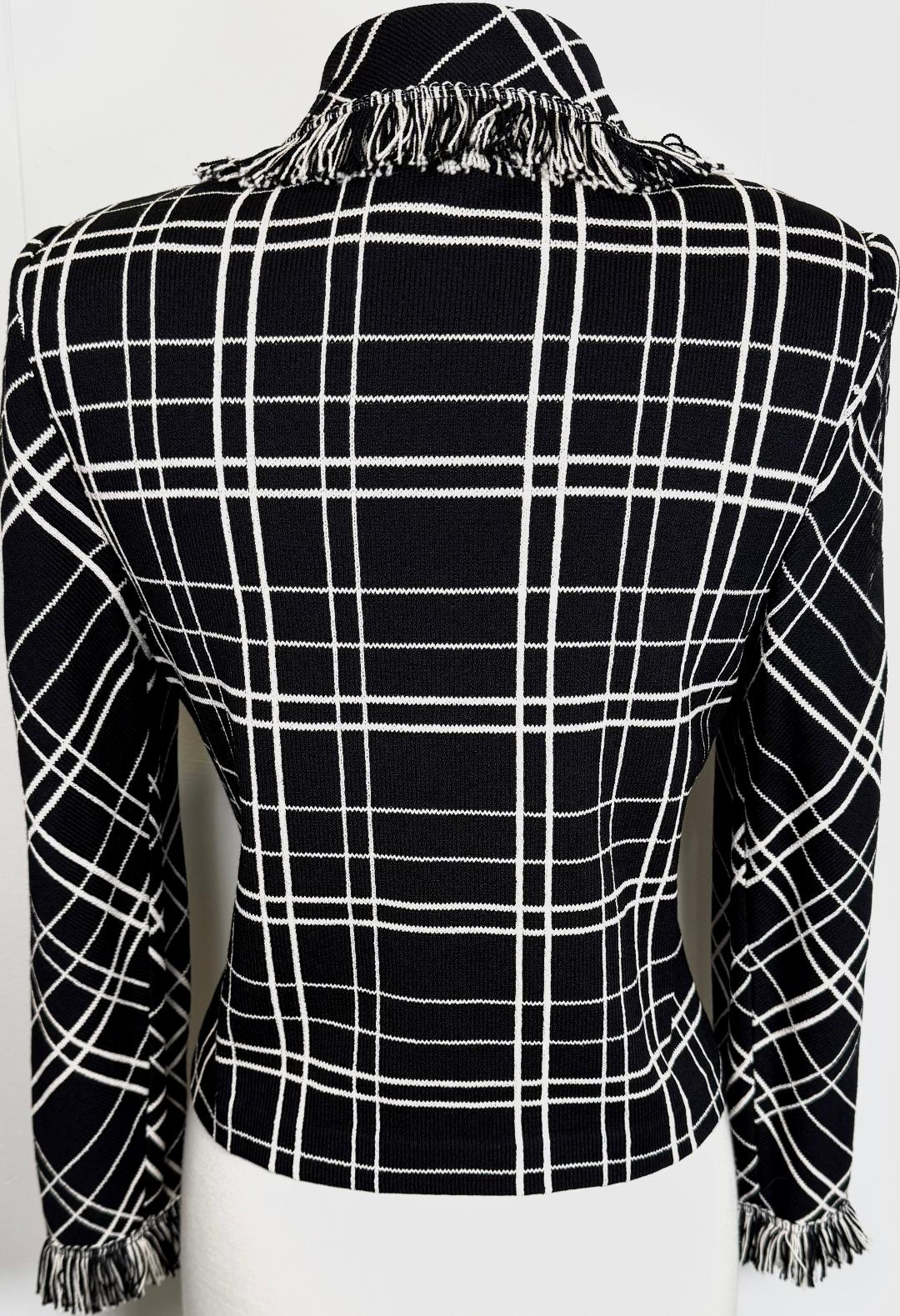 St. John Black & White Square Santana Knit Jacket – Fringe Trim & Hook-Front Closure – Size 4