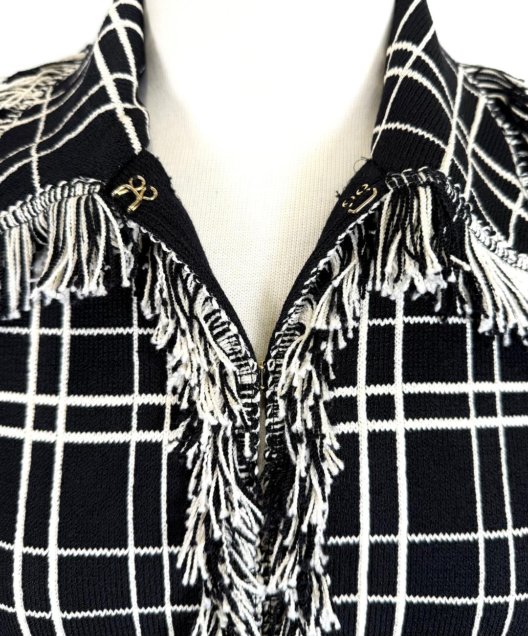 St. John Black & White Square Santana Knit Jacket – Fringe Trim & Hook-Front Closure – Size 4