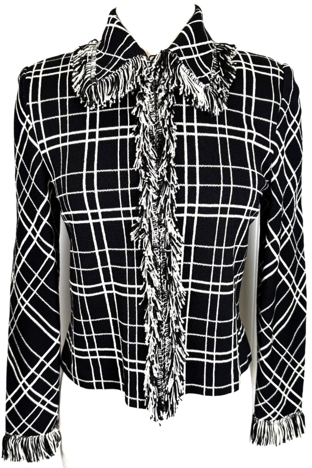 St. John Black & White Square Santana Knit Jacket – Fringe Trim & Hook-Front Closure – Size 4