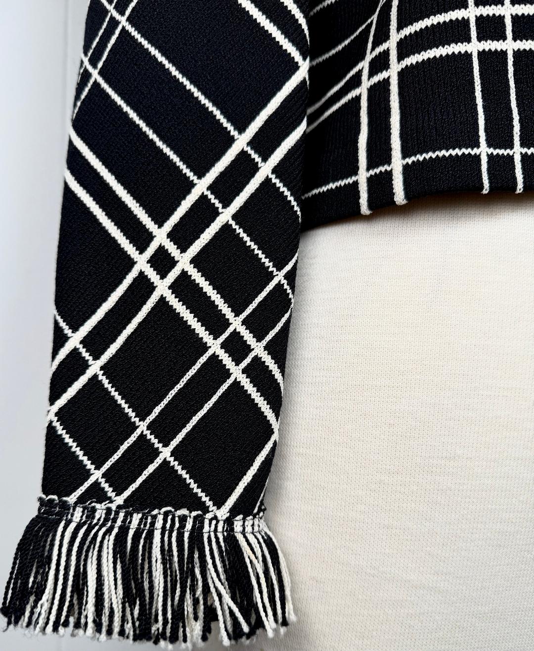 St. John Black & White Square Santana Knit Jacket – Fringe Trim & Hook-Front Closure – Size 4