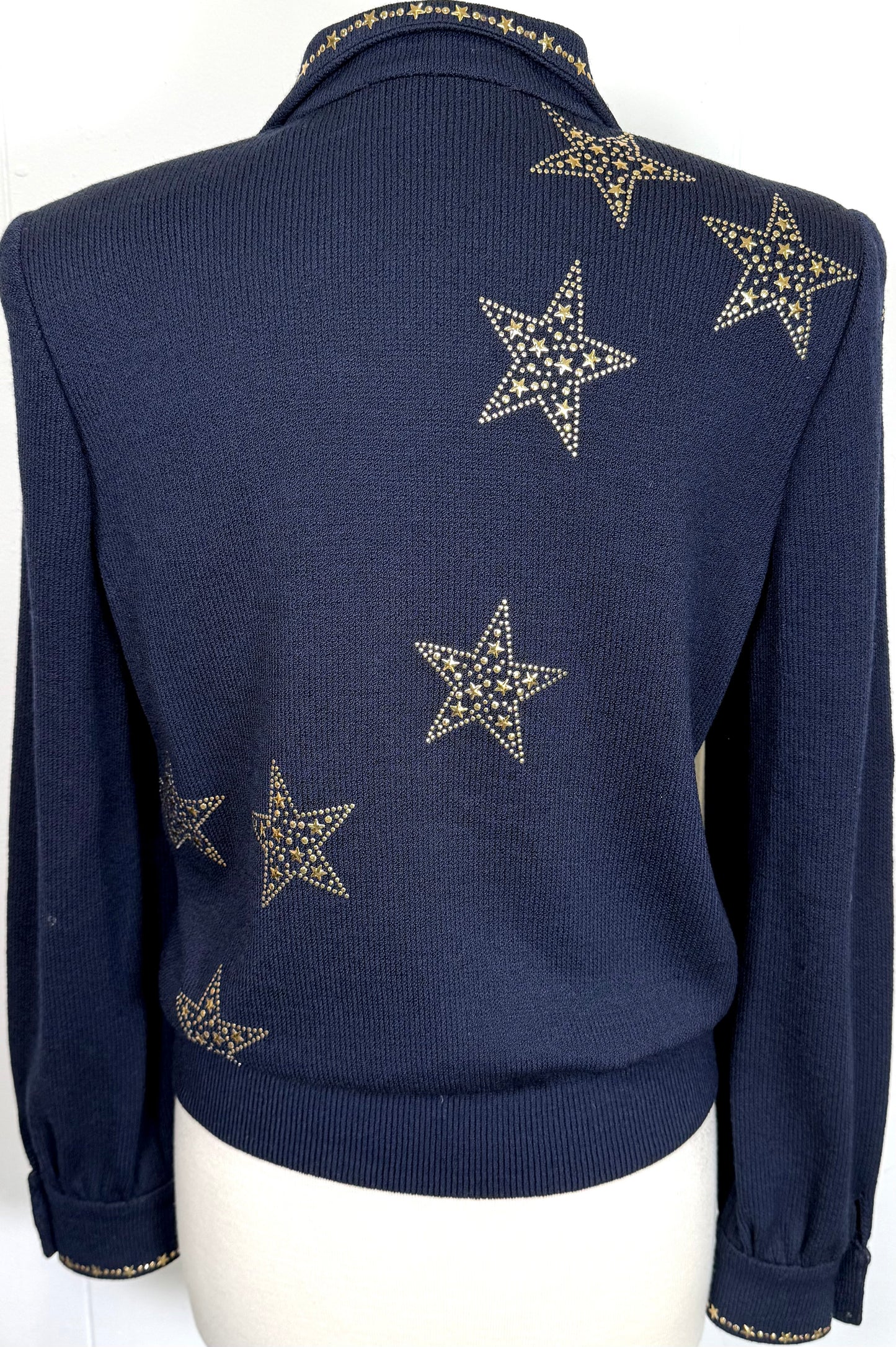 St. John Navy Santana Knit Jacket – Gold Star Paillettes – Size S / 6