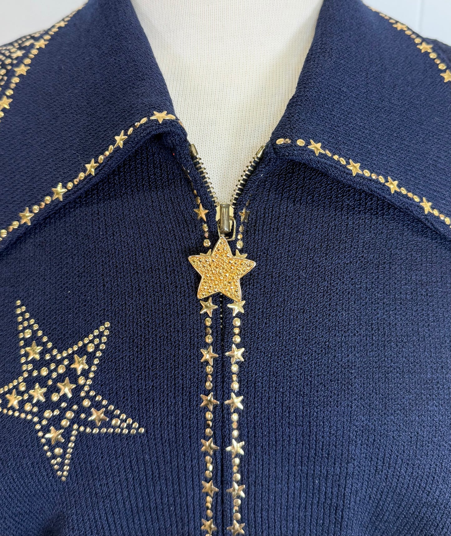 St. John Navy Santana Knit Jacket – Gold Star Paillettes – Size S / 6