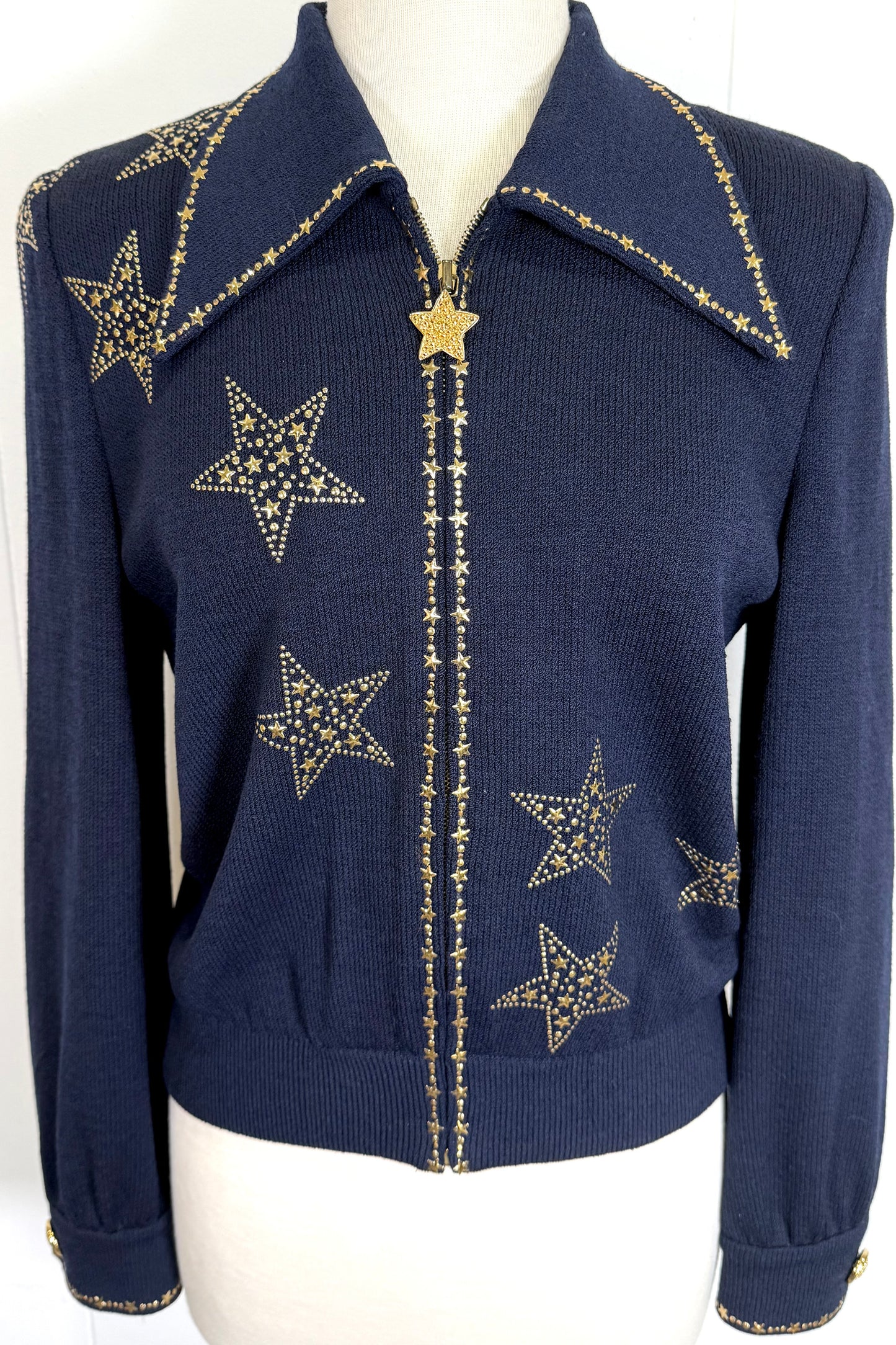 St. John Navy Santana Knit Jacket – Gold Star Paillettes – Size S / 6