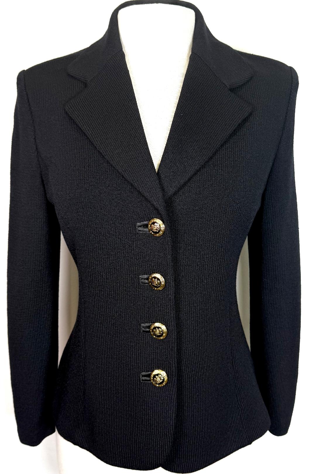 Iconic St.John knit black jacket black gold logo buttons