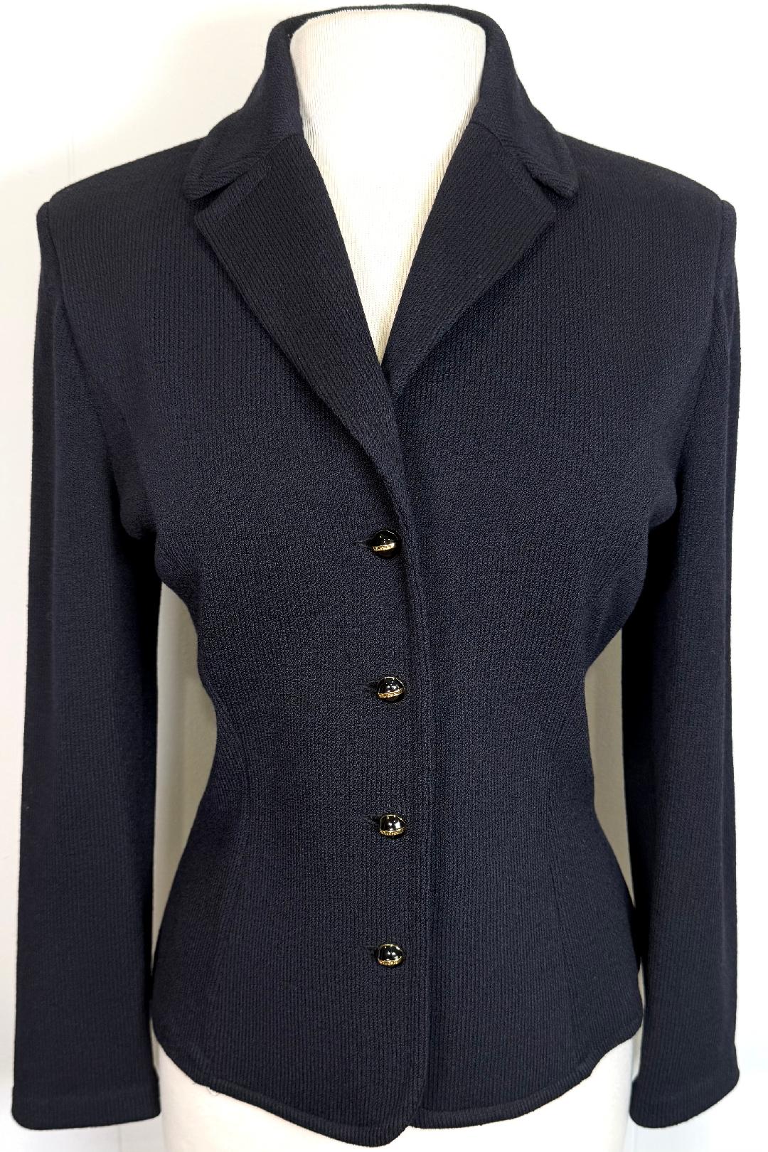 St. John Black Santana Knit Jacket – Gold Logo Buttons – Multiple Sizes