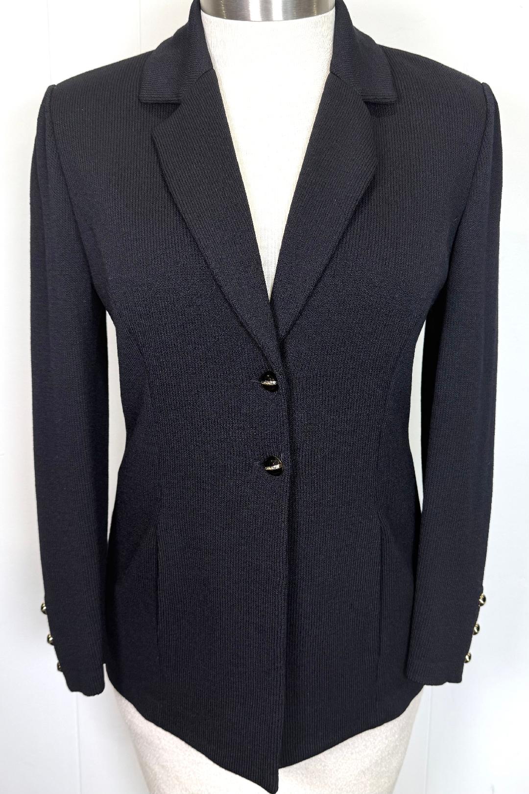 St. John Black Santana Knit Long Jacket – Logo Buttons – Multiple Sizes