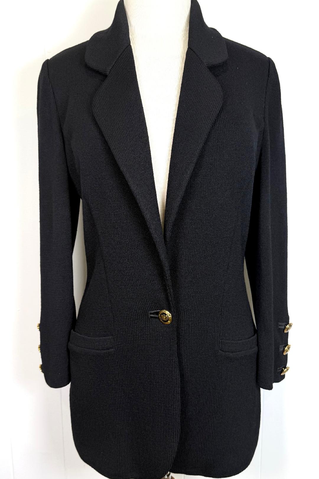 St. John Black Santana Knit Long Jacket – Logo Buttons – Size 4 and 10