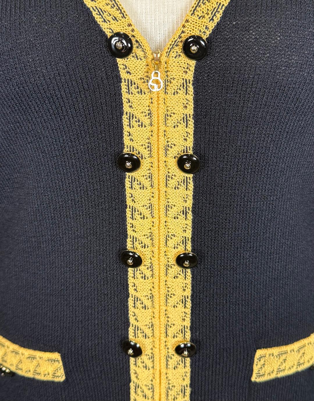 St. John Black Santana Knit Long Jacket – Yellow Trim & Logo Zipper Pull – Size 10