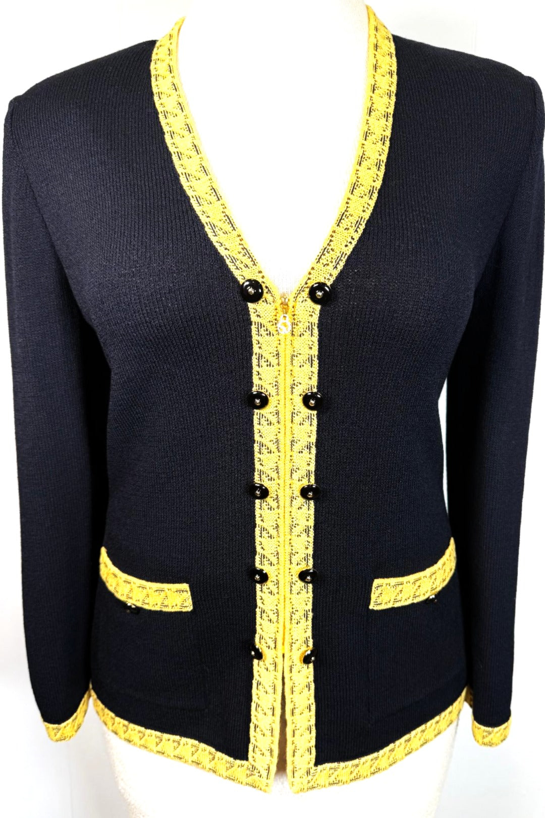 St. John Black Santana Knit Long Jacket – Yellow Trim & Logo Zipper Pull – Size 10