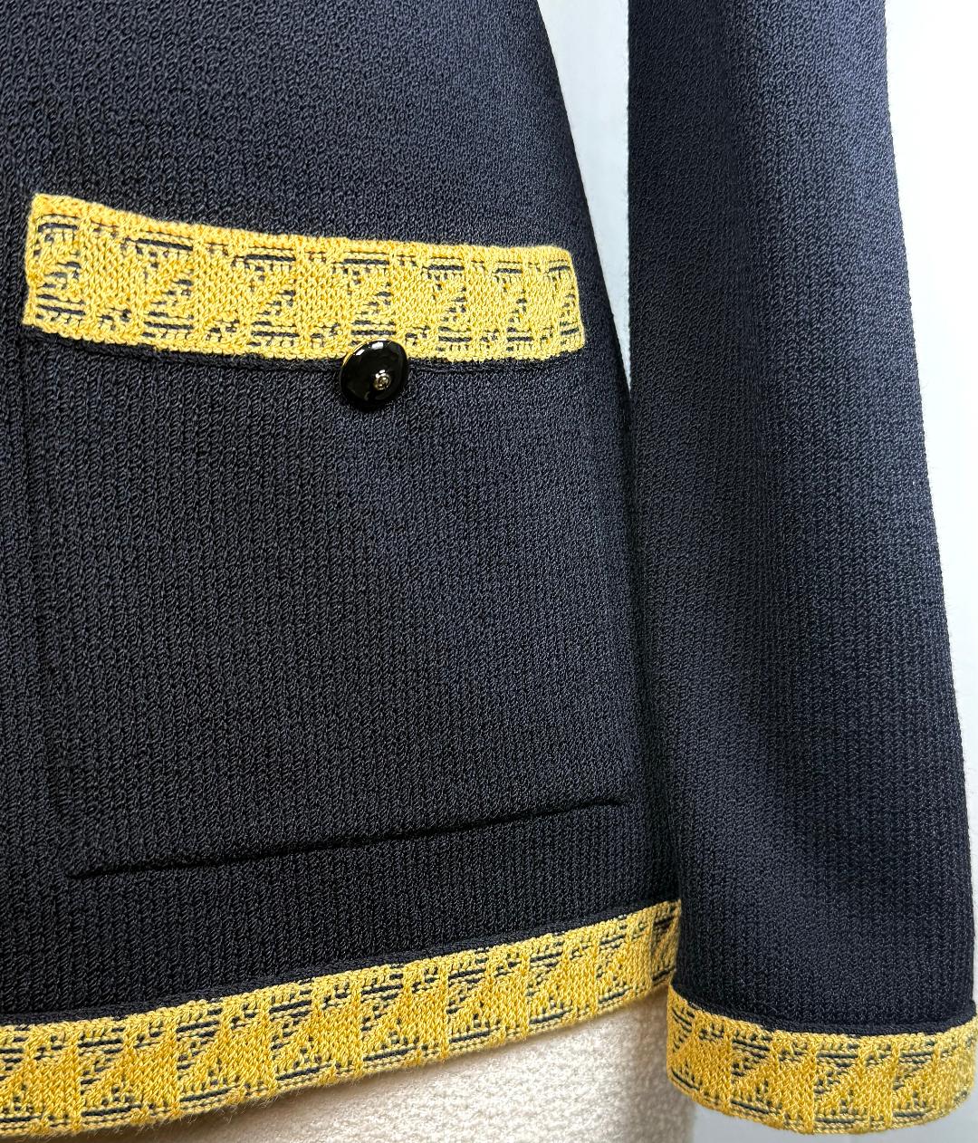 St. John Black Santana Knit Long Jacket – Yellow Trim & Logo Zipper Pull – Size 10