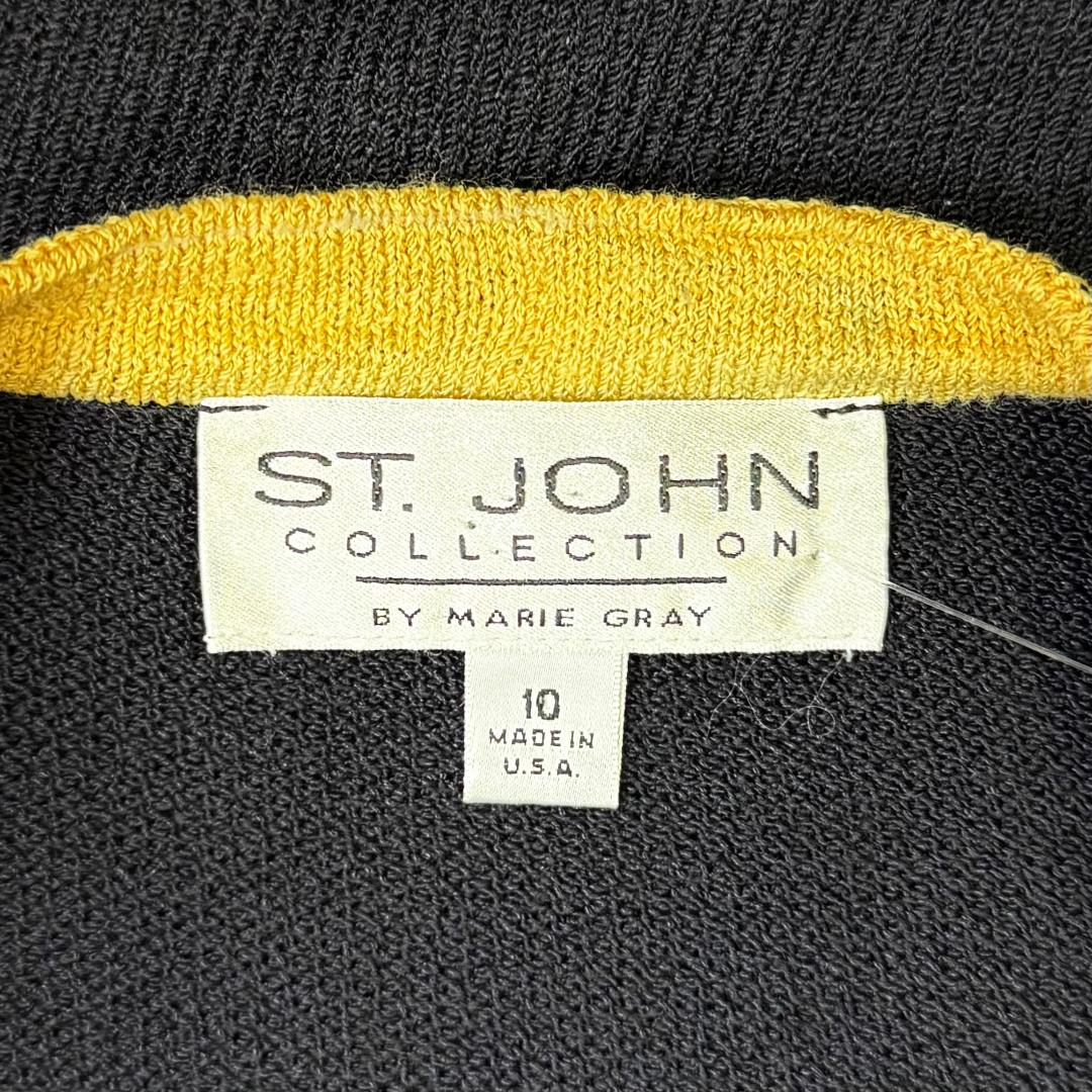 St. John Black Santana Knit Long Jacket – Yellow Trim & Logo Zipper Pull – Size 10