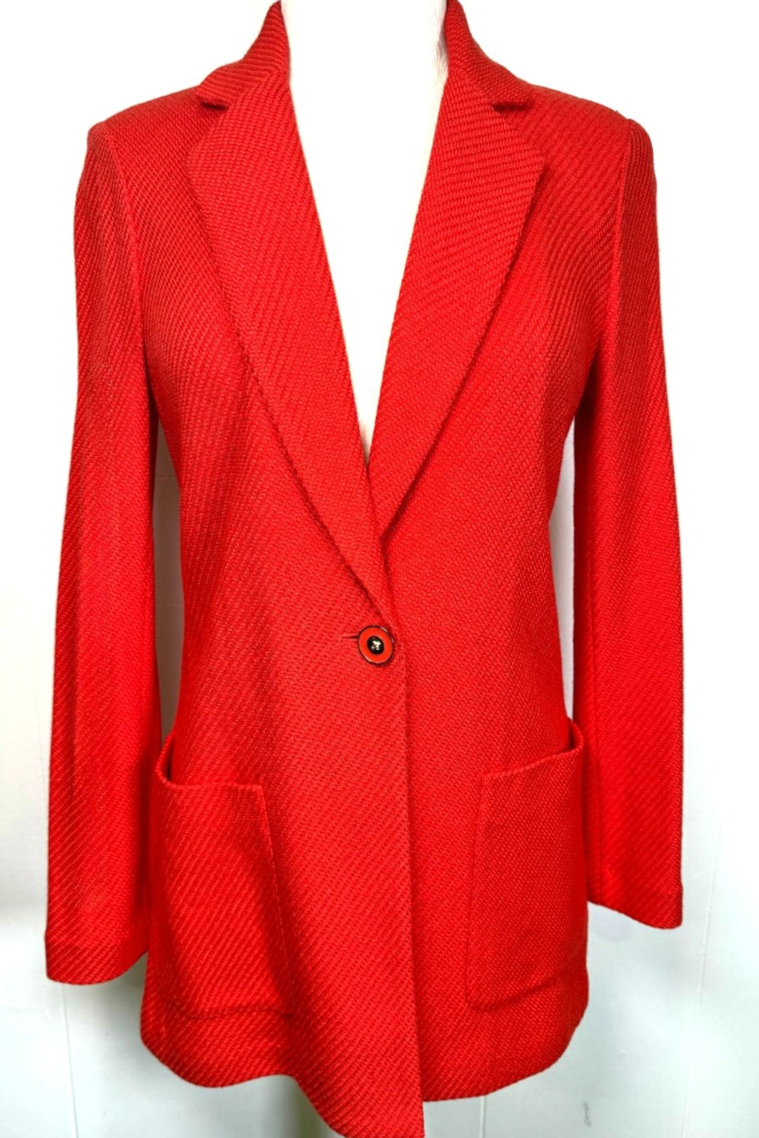 St. John Orange Textured Knit Long Jacket – Single-Button Fitted Style - Size 2