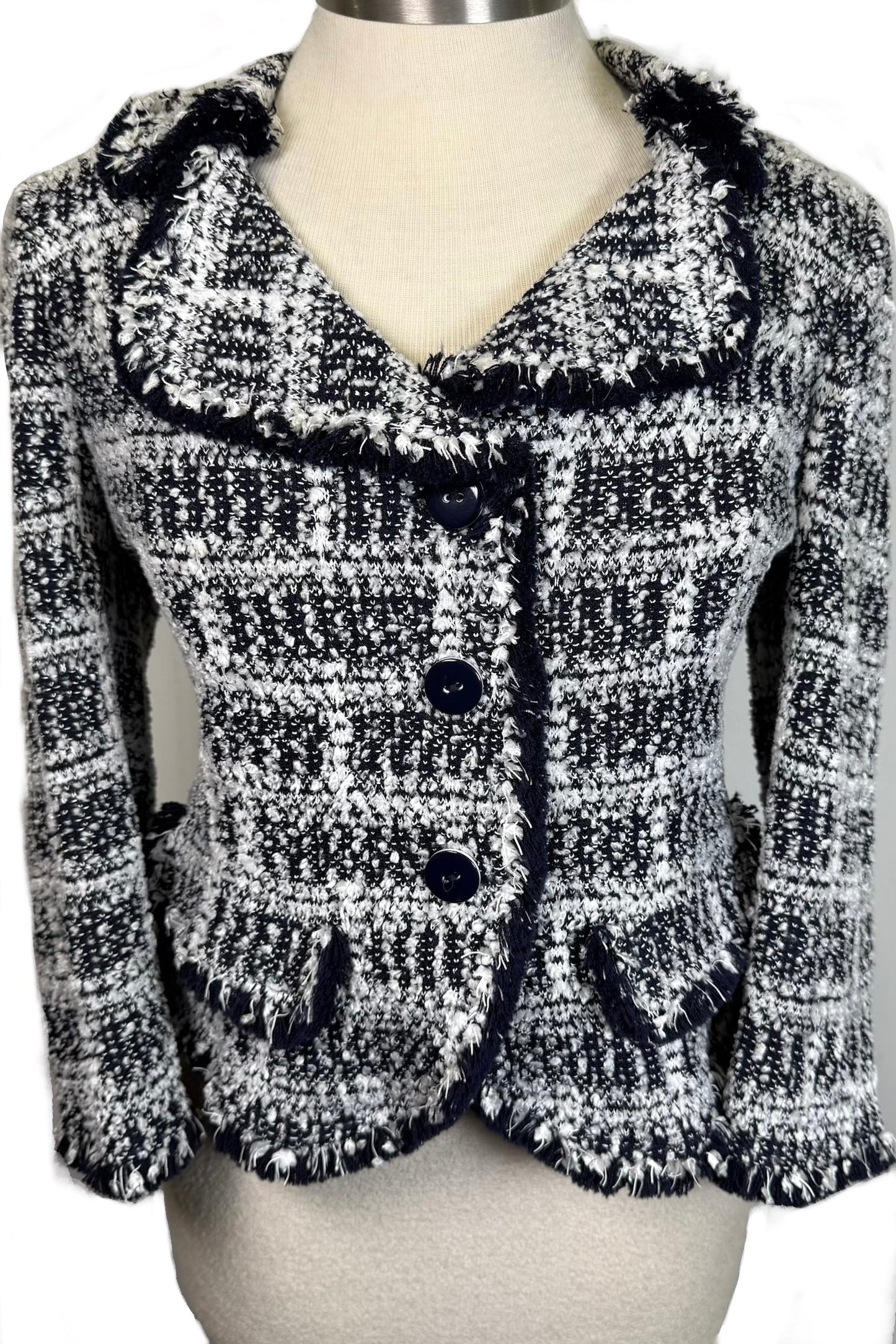 St. John Navy & White Textured Wool Blend Jacket – Stretchy Fringe Knit – Size 12