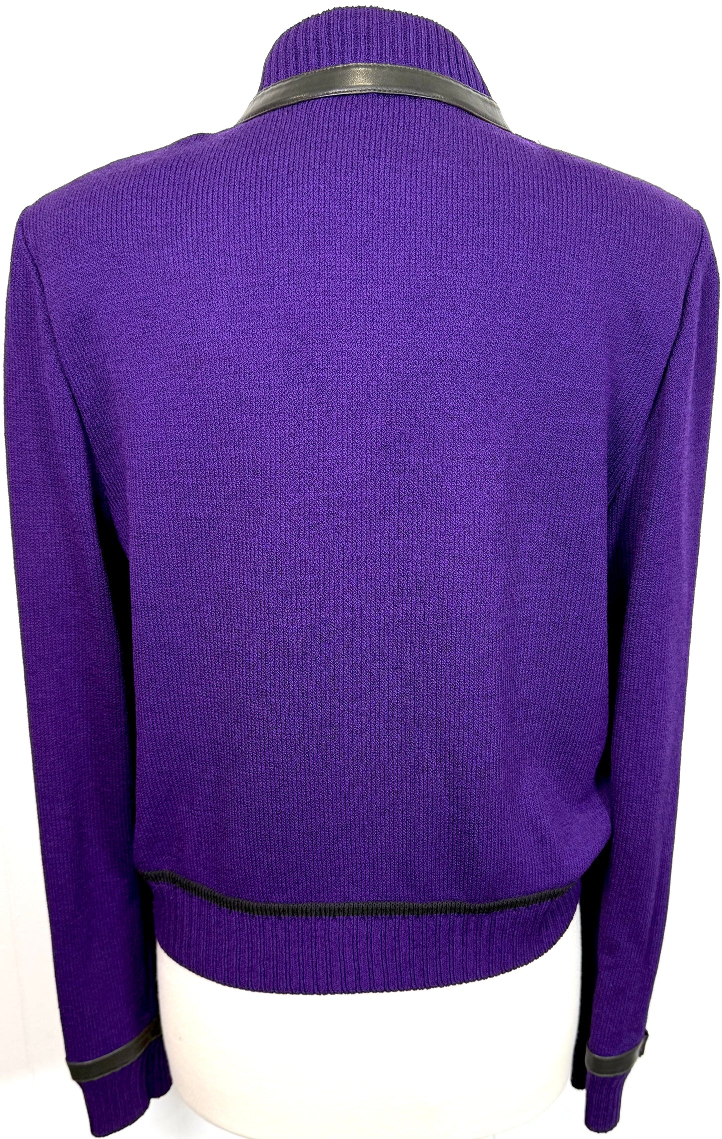 St. John Purple Santana Knit Zip Jacket – Black Leather Trim – Size 10
