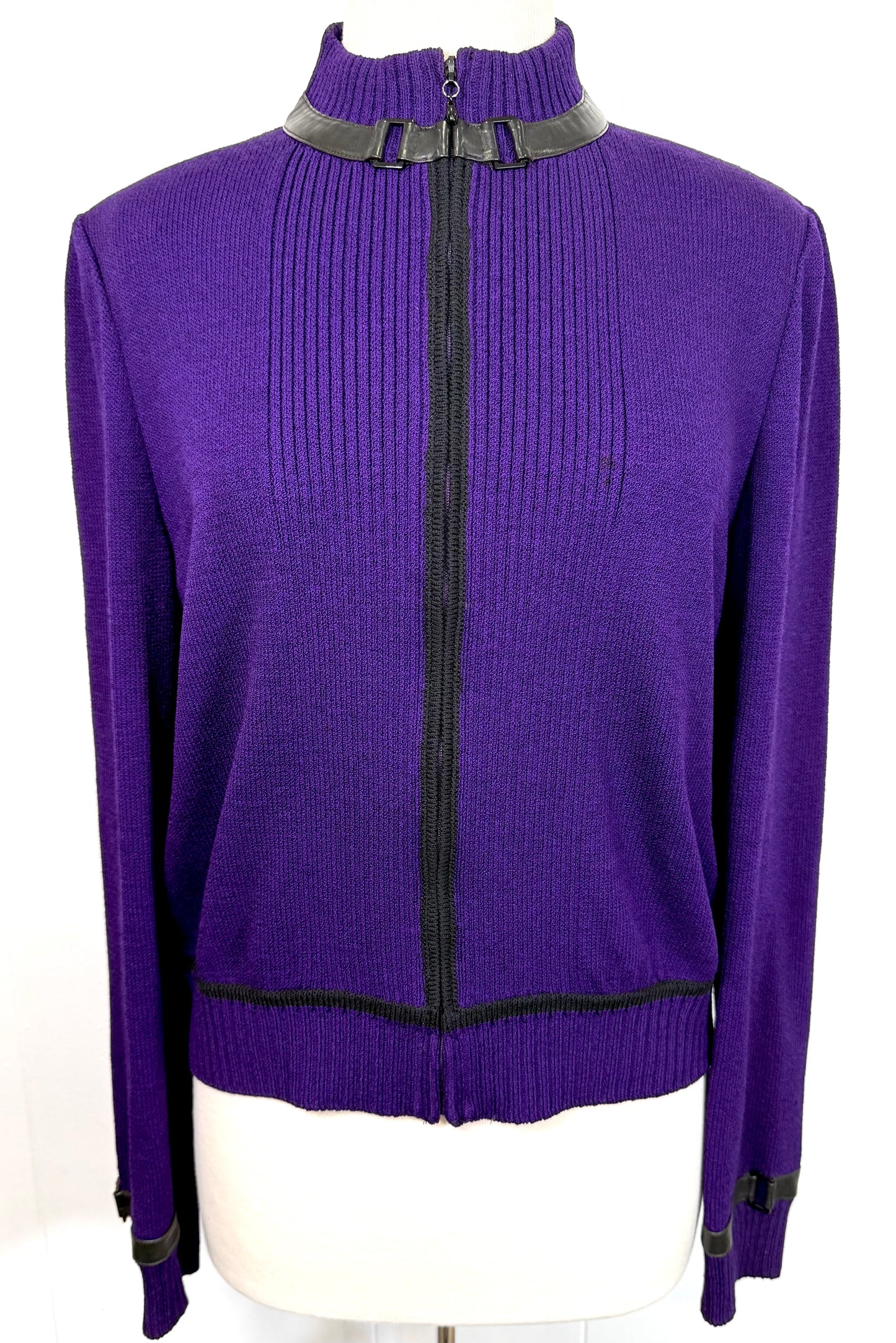 St. John Purple Santana Knit Zip Jacket – Black Leather Trim – Size 10