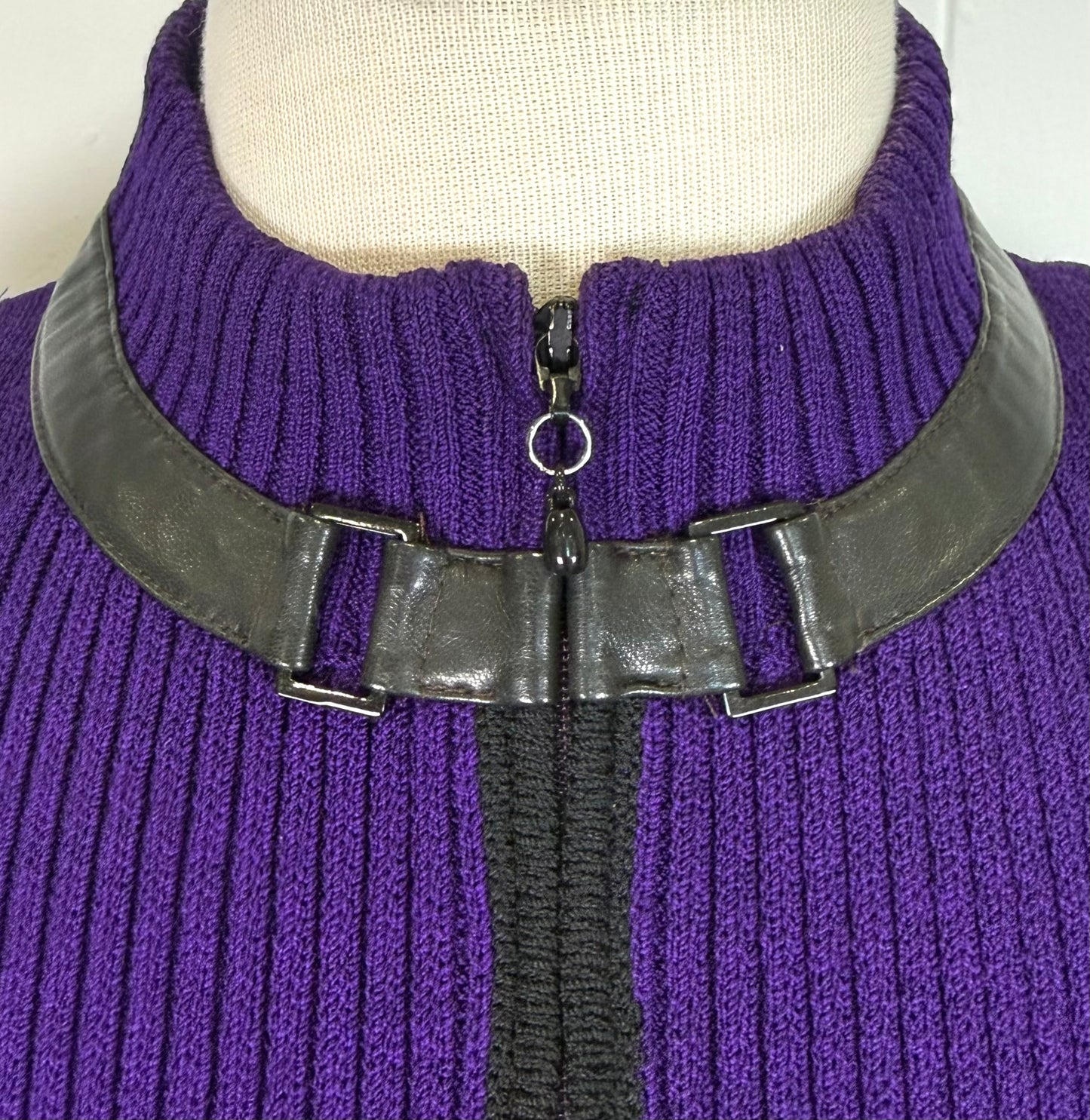 St. John Purple Santana Knit Zip Jacket – Black Leather Trim – Size 10