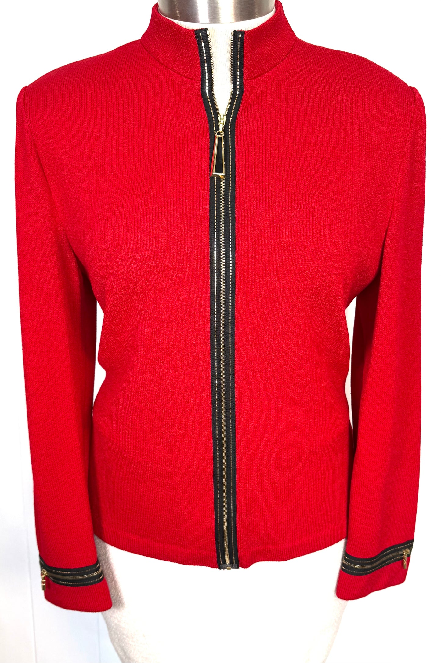 St. John Red Santana Knit Jacket – Gold Paillettes & Zip Front – Size 14