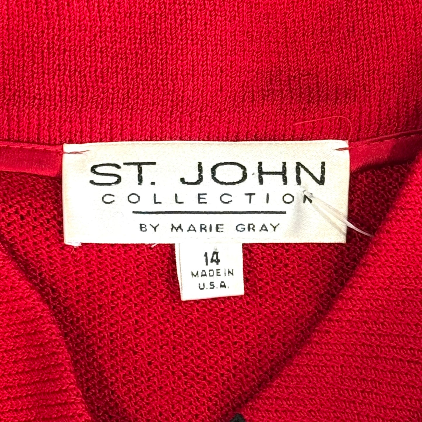 St. John Red Santana Knit Jacket – Gold Paillettes & Zip Front – Size 14