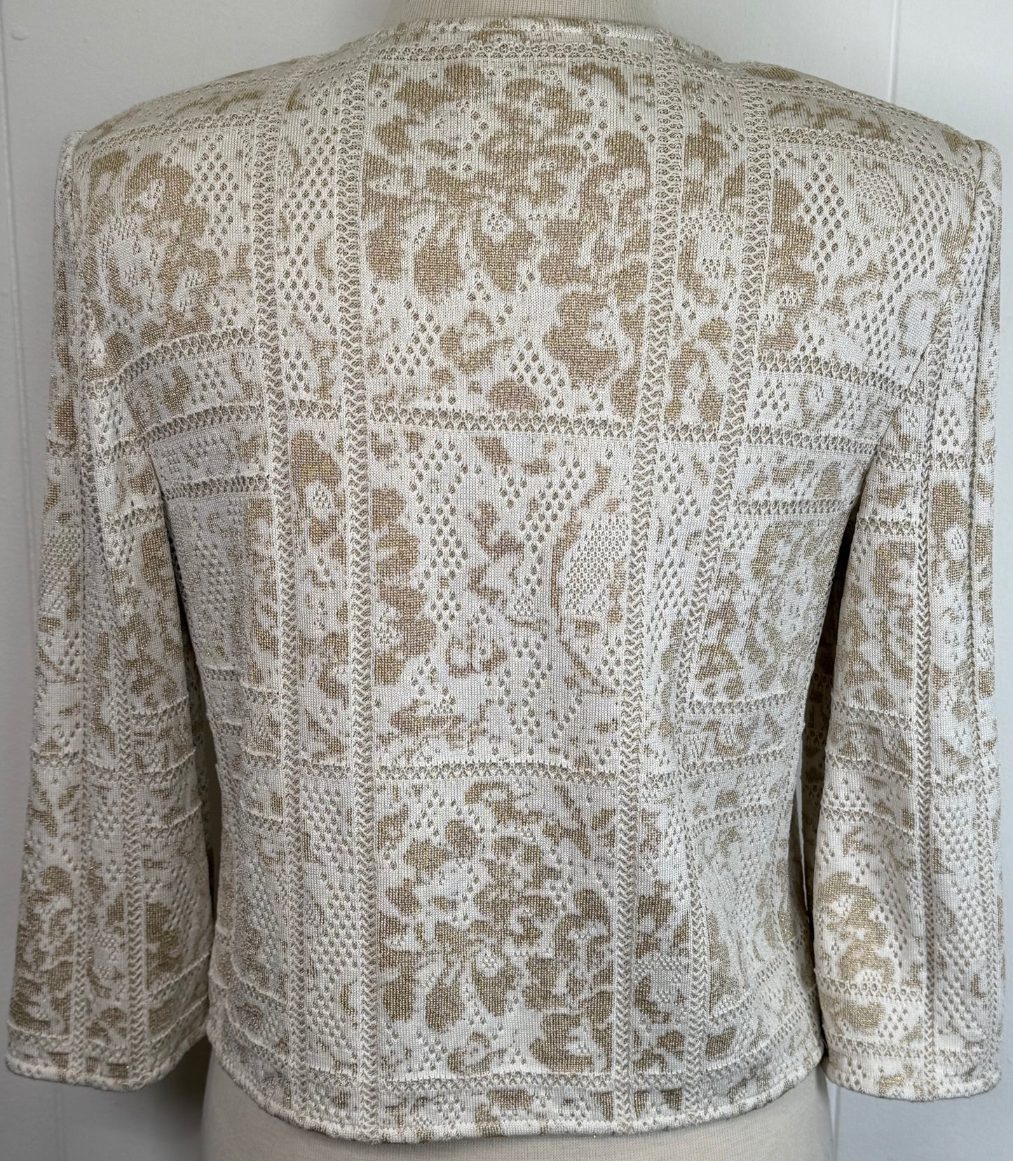St. John White & Gold Pattern Knit Short Jacket – Crystal Button Closure – Size 6