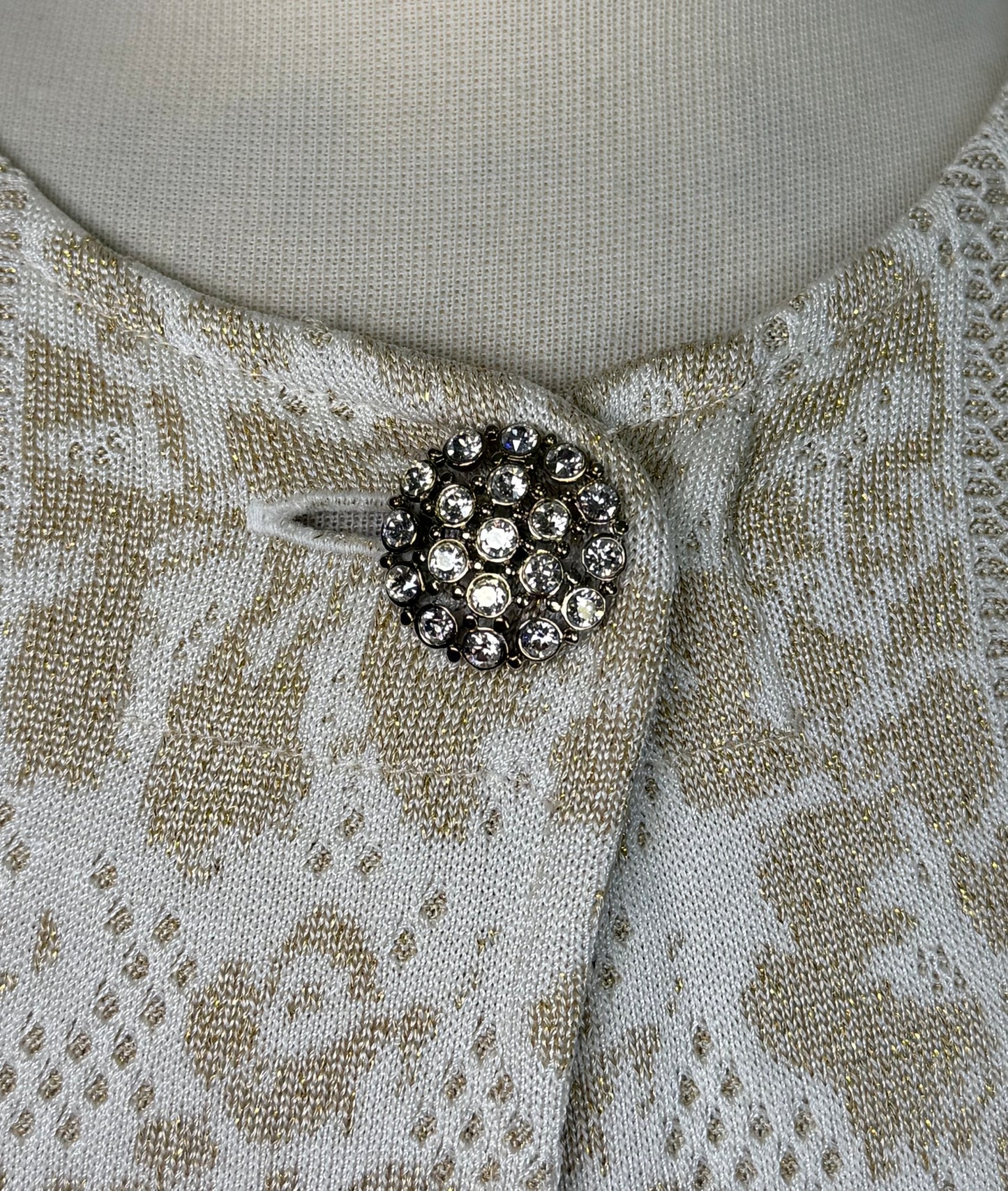 St. John White & Gold Pattern Knit Short Jacket – Crystal Button Closure – Size 6