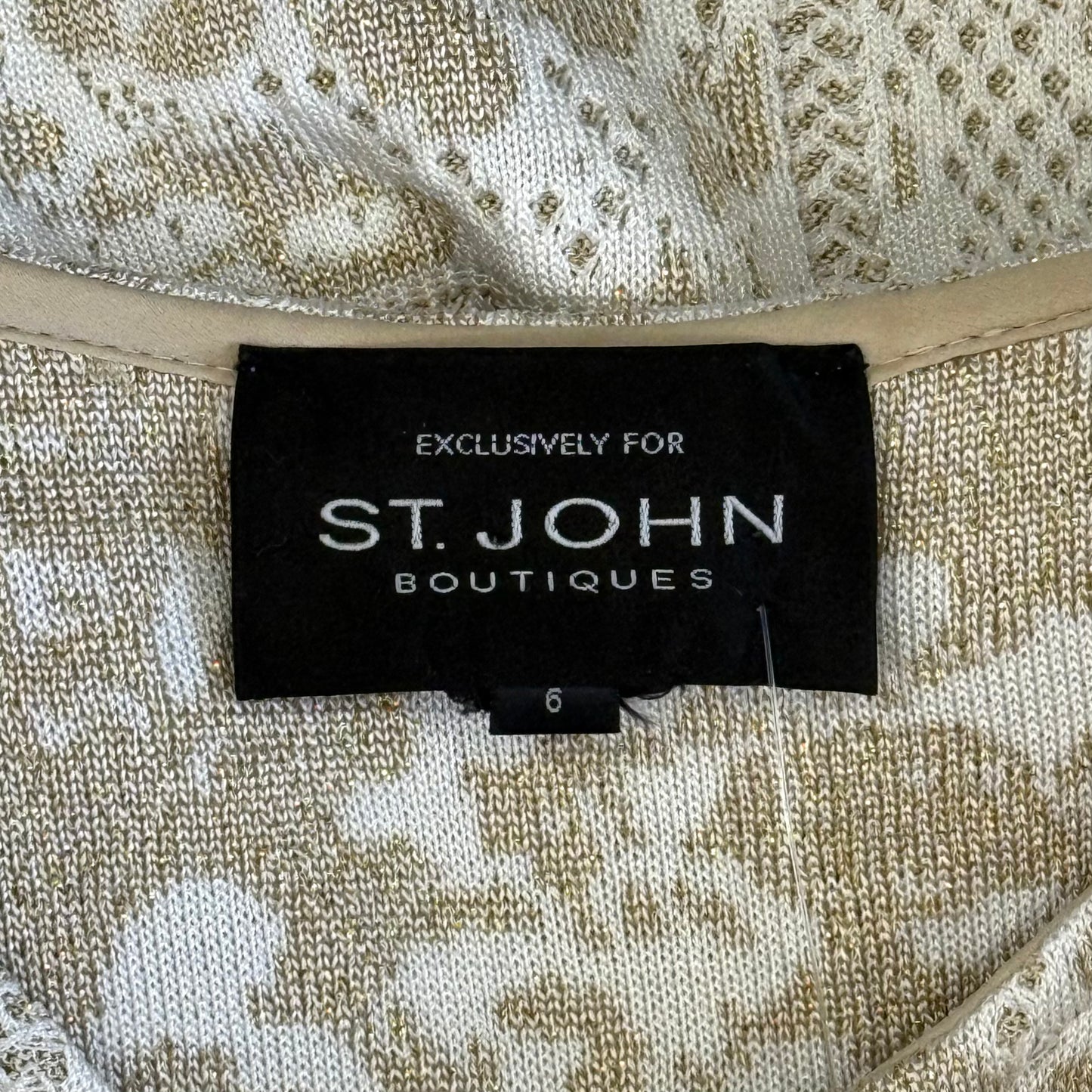 St. John White & Gold Pattern Knit Short Jacket – Crystal Button Closure – Size 6