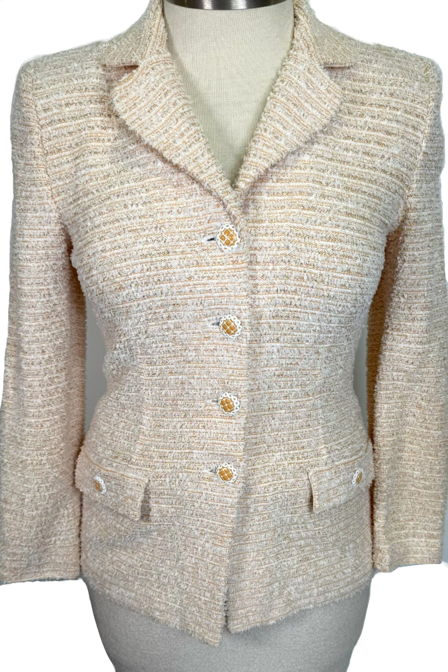 St. John White Eyelash Yarn & Orange Knit Jacket – Size 6
