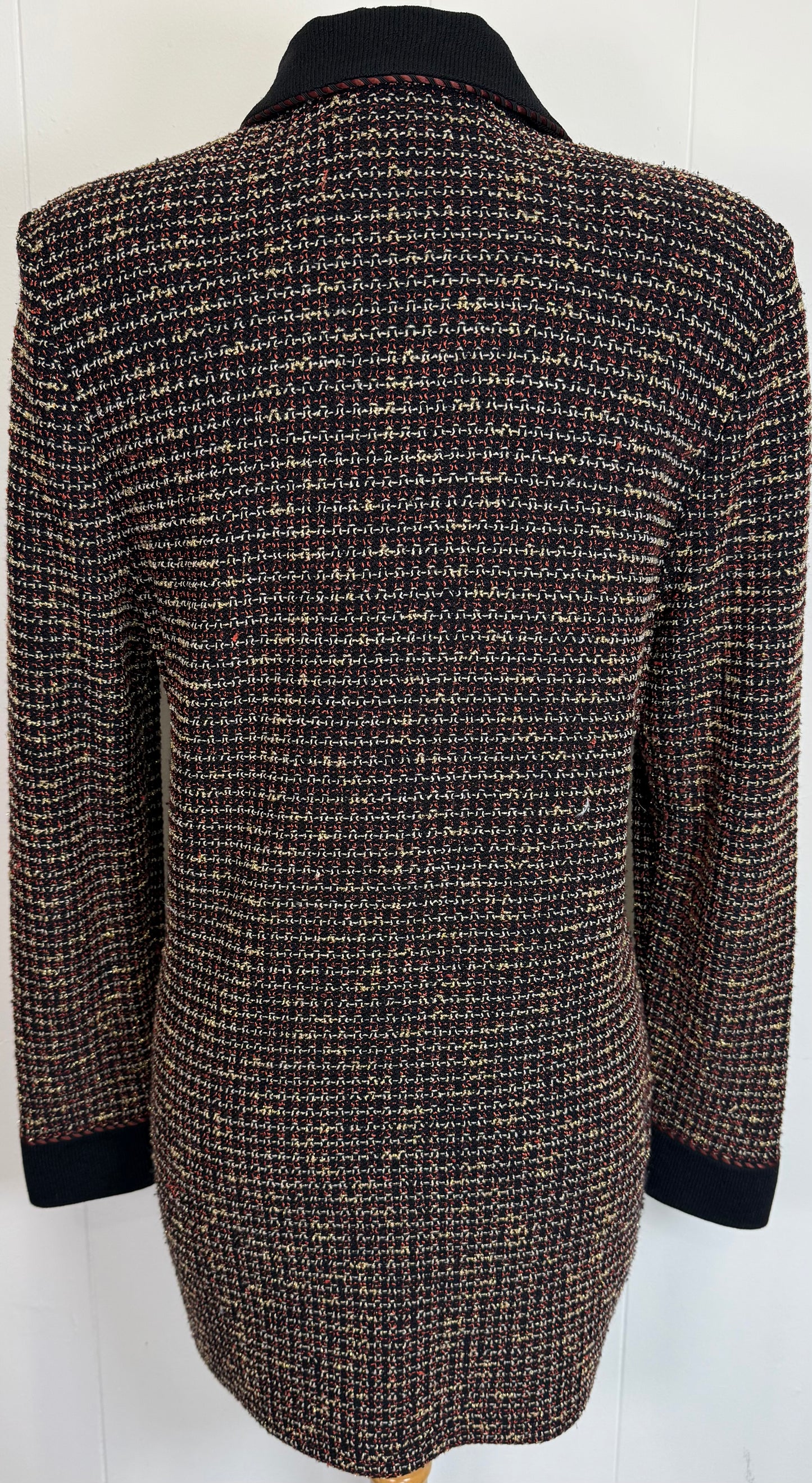 St. John Black, Brown & Gold Textured Santana Knit Long Jacket – Logo Buttons – Size 8