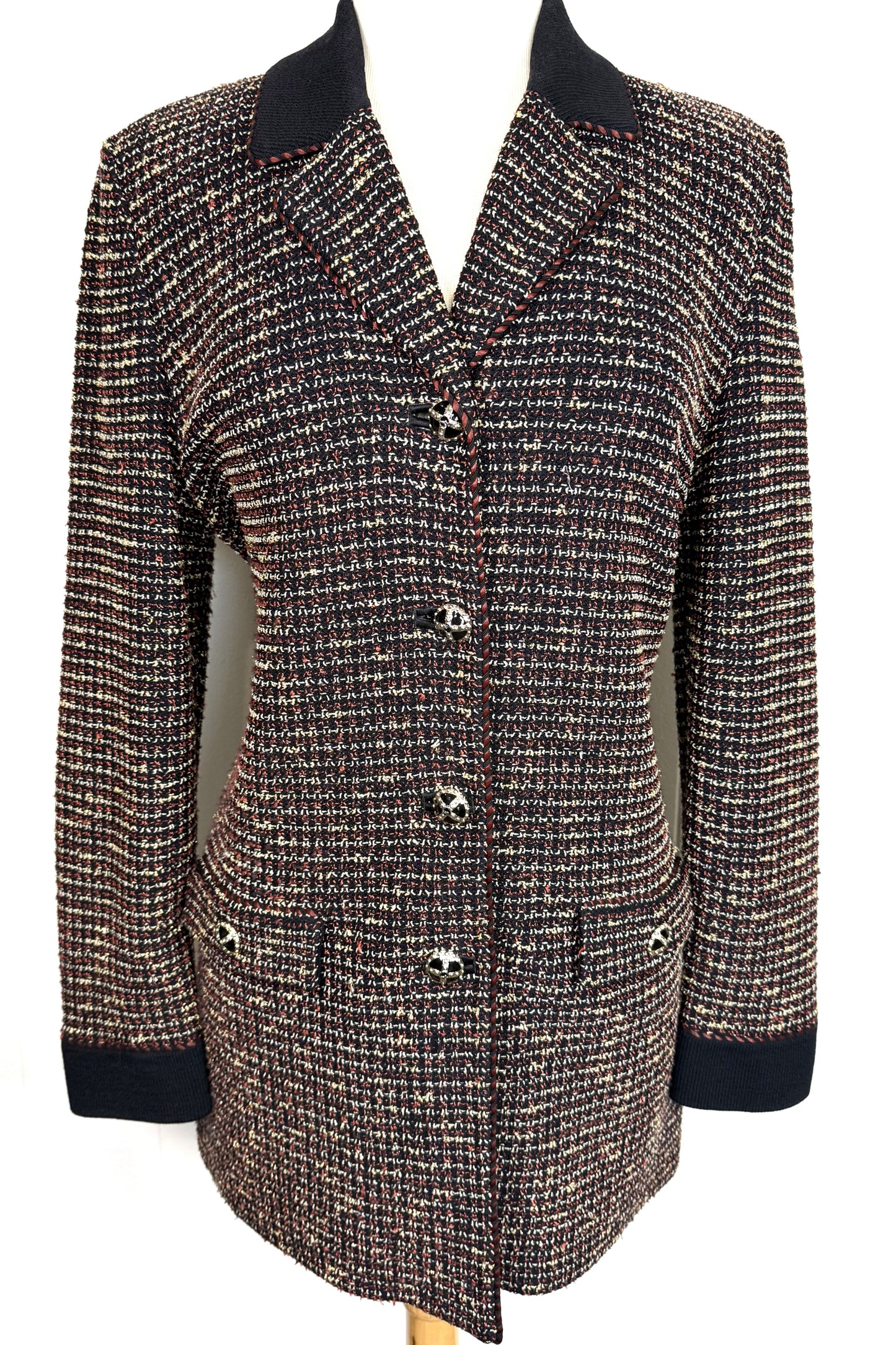 St. John Black, Brown & Gold Textured Santana Knit Long Jacket – Logo Buttons – Size 8