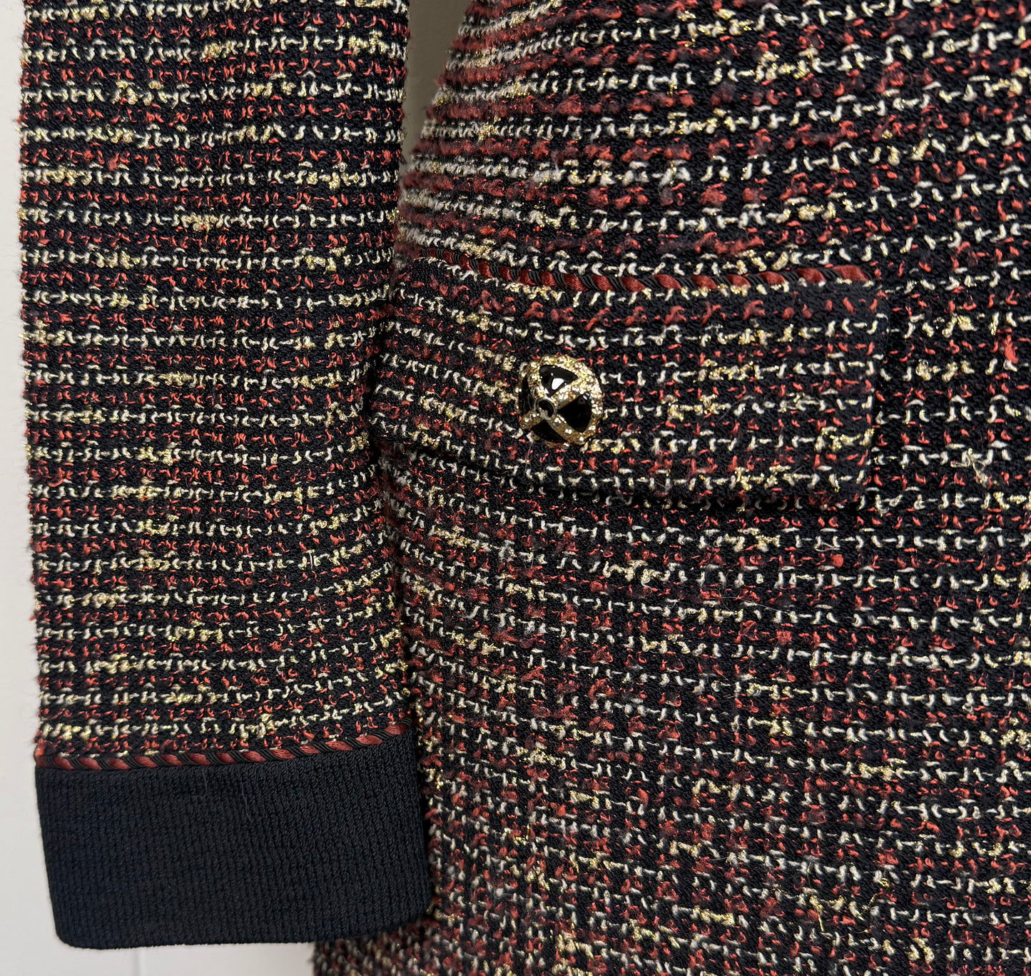 St. John Black, Brown & Gold Textured Santana Knit Long Jacket – Logo Buttons – Size 8