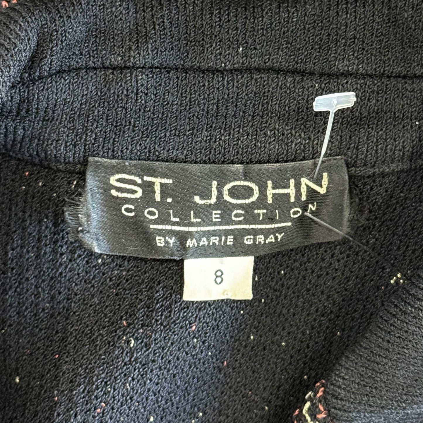 St. John Black, Brown & Gold Textured Santana Knit Long Jacket – Logo Buttons – Size 8