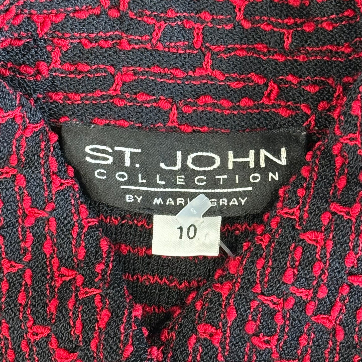 St. John Black & Red Textured Wool Blend Jacket – Gold Logo Zipper – Size 10
