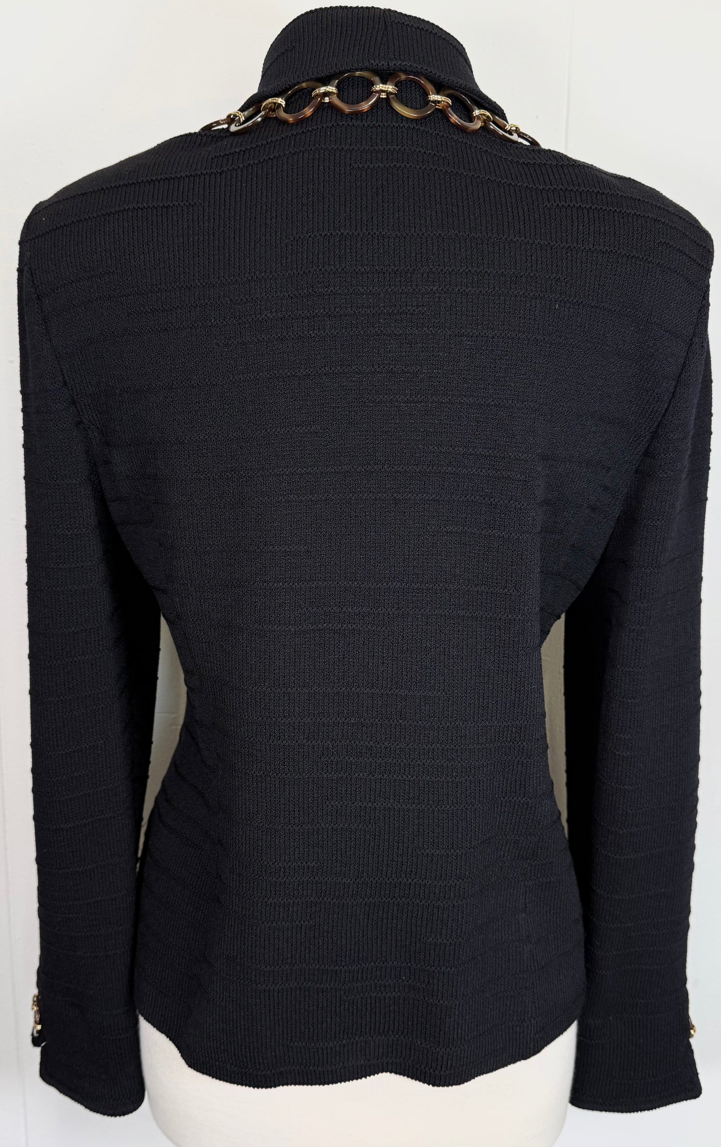 St. John Black Santana Knit Jacket – Gold Logo Buttons & Chain Detail – Size 10