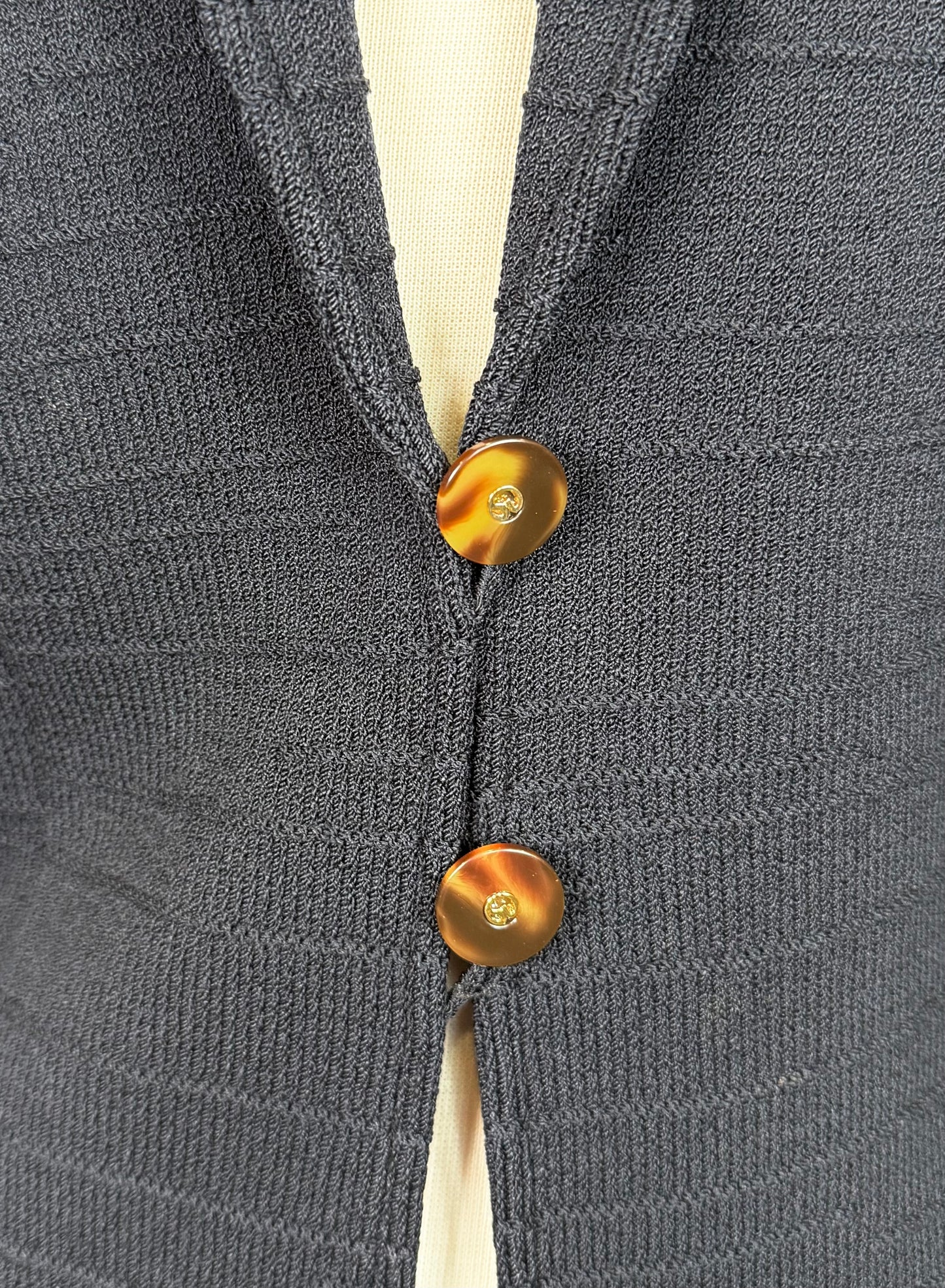 St. John Black Santana Knit Jacket – Gold Logo Buttons & Chain Detail – Size 10