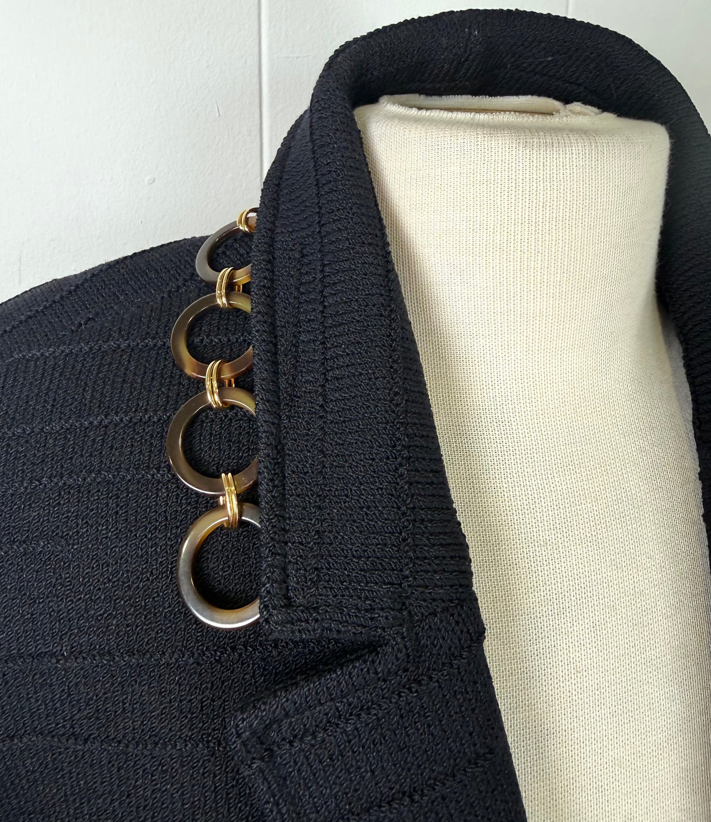 St. John Black Santana Knit Jacket – Gold Logo Buttons & Chain Detail – Size 10