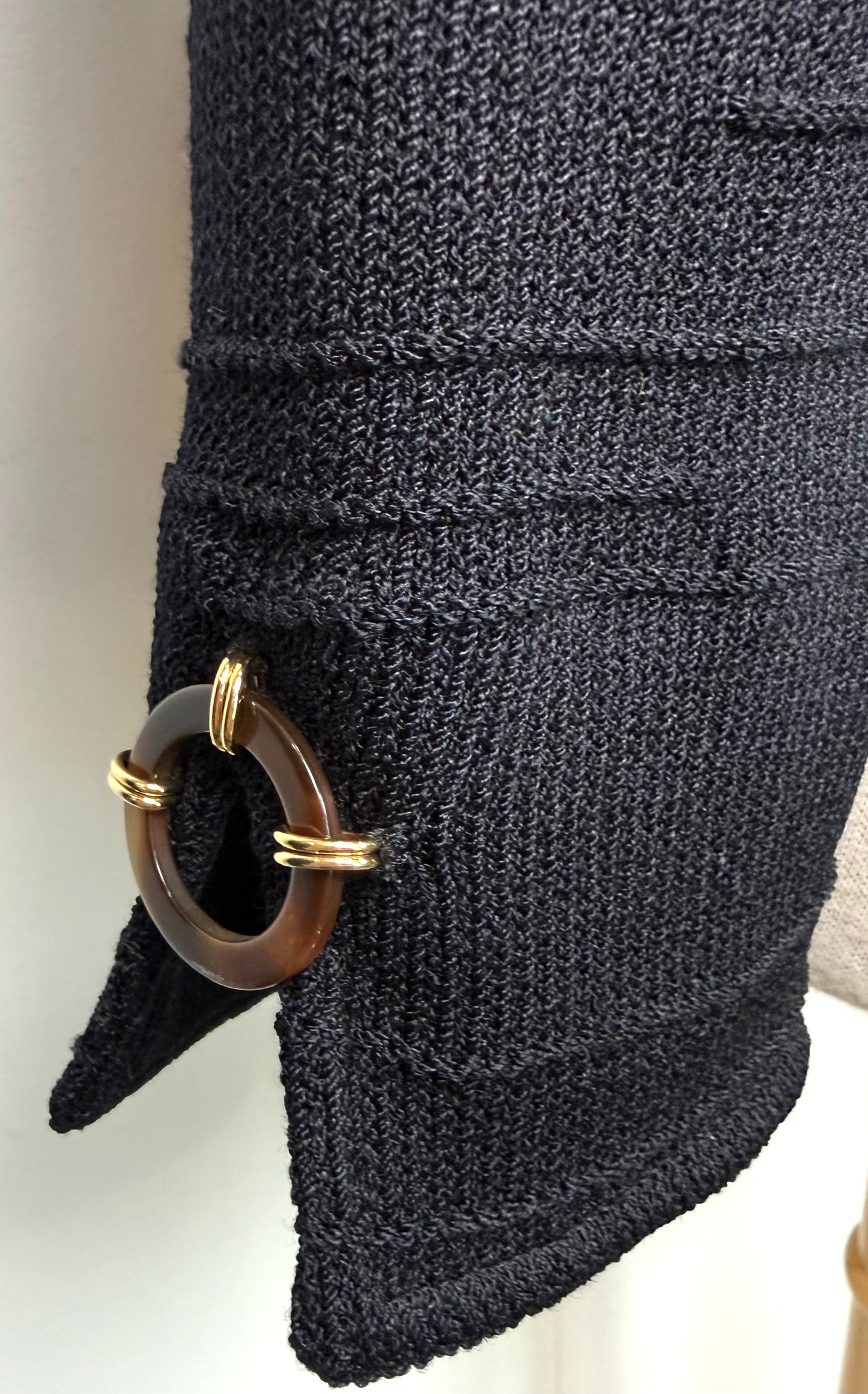 St. John Black Santana Knit Jacket – Gold Logo Buttons & Chain Detail – Size 10