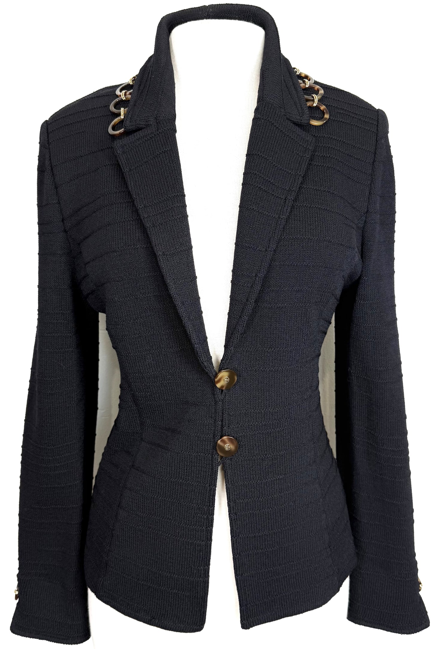 St. John Black Santana Knit Jacket – Gold Logo Buttons & Chain Detail – Size 10