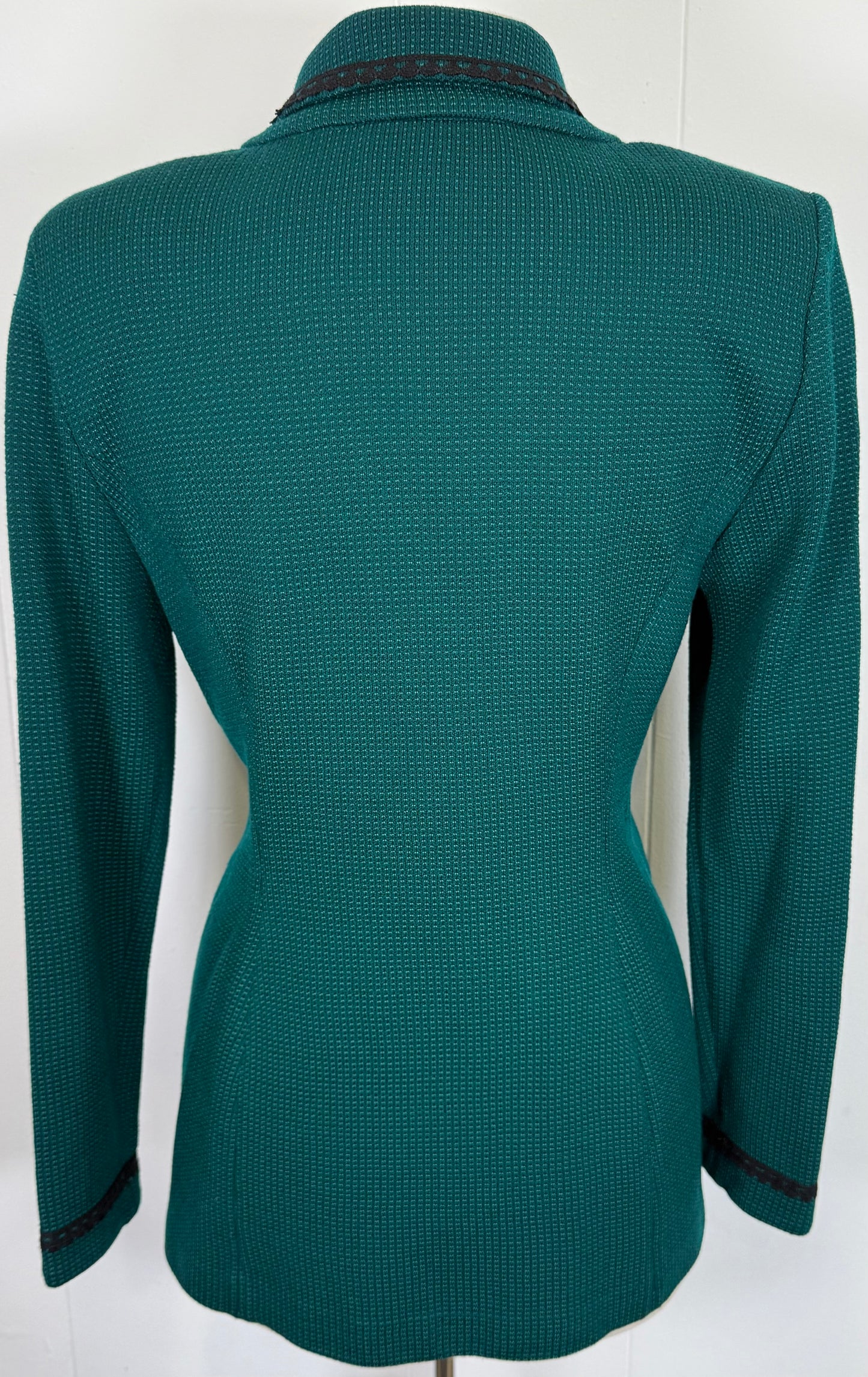 St. John Green Textured Knit Blazer Jacket – Gold Logo Buttons – Size 6