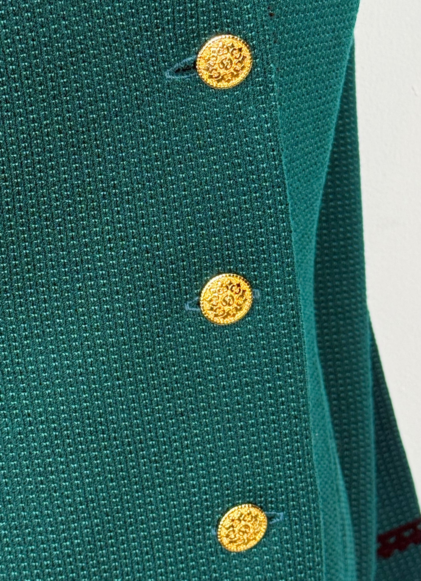 St. John Green Textured Knit Blazer Jacket – Gold Logo Buttons – Size 6