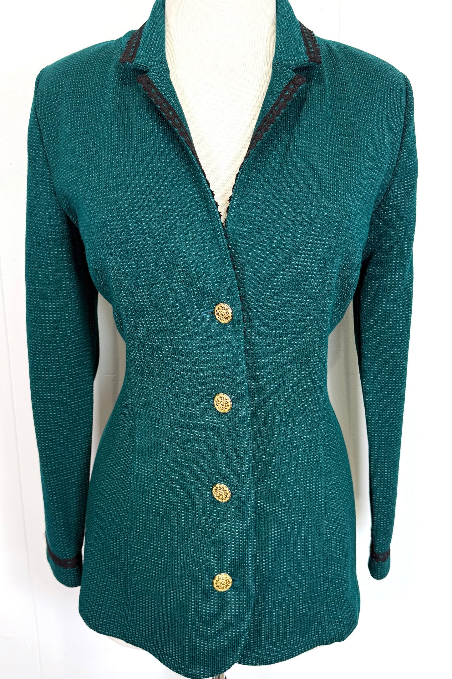 St. John Green Textured Knit Blazer Jacket – Gold Logo Buttons – Size 6