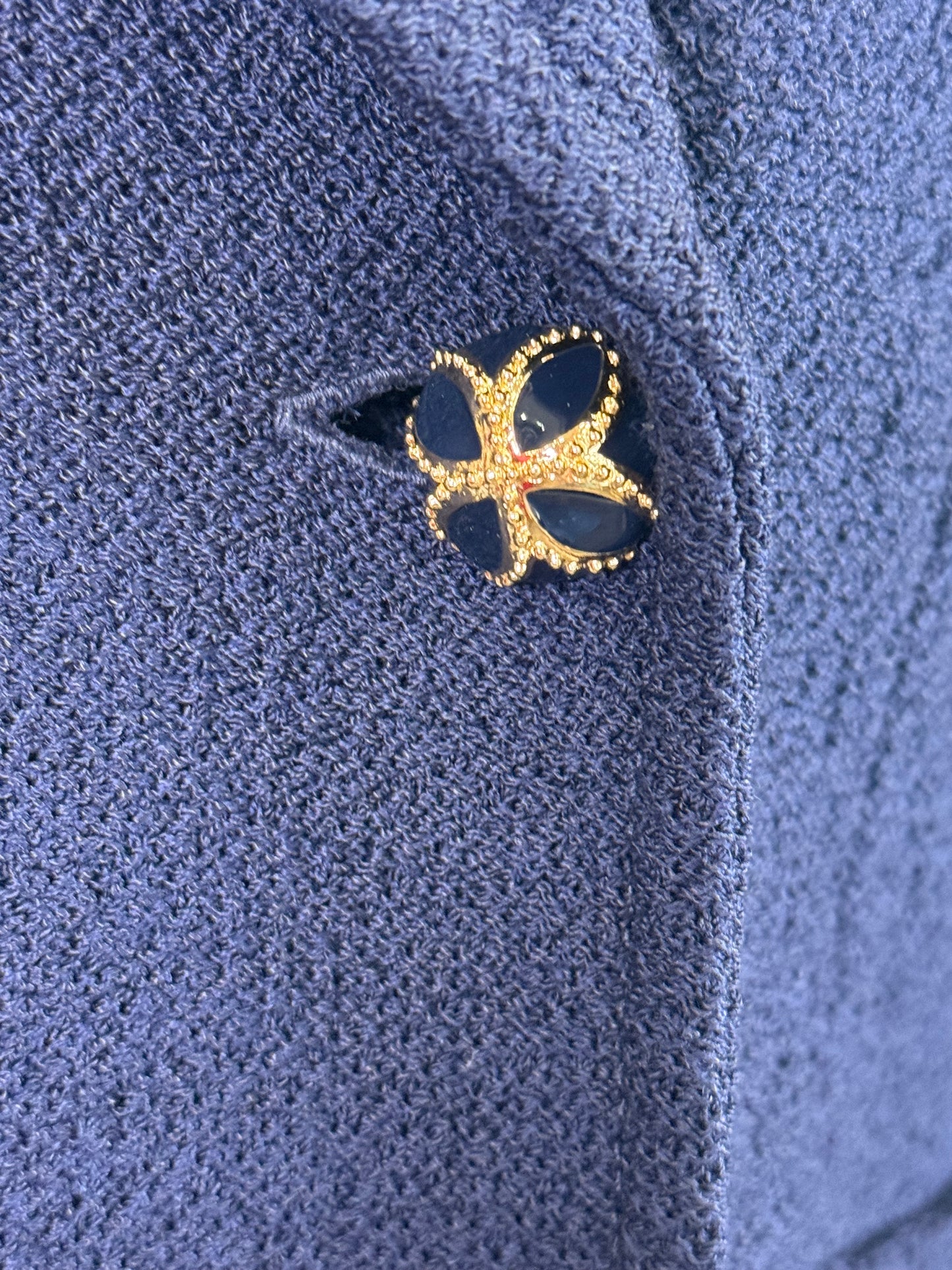St. John Navy Textured Knit Double-Breasted Jacket – Gold Logo Buttons – Size 16