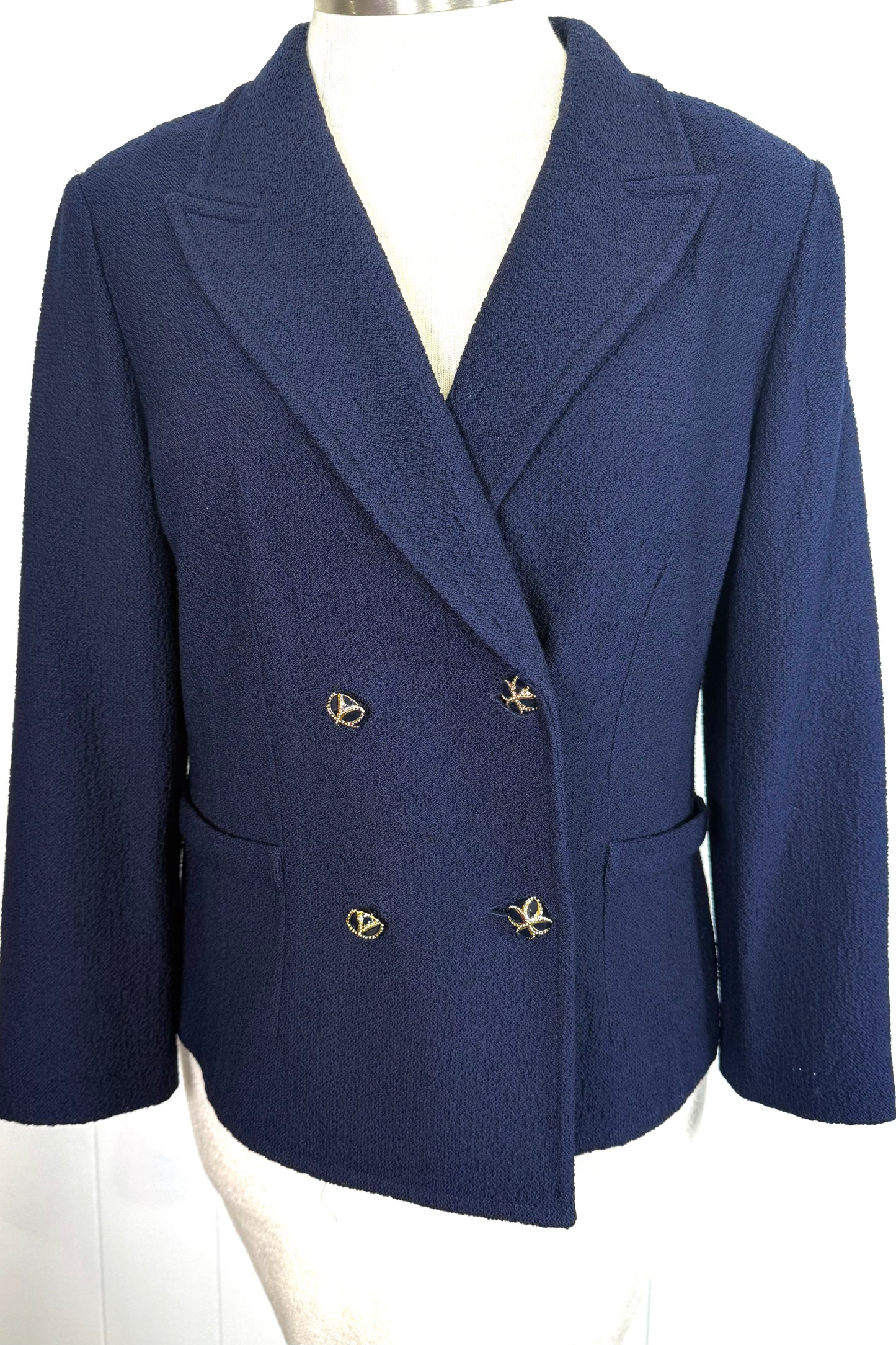St. John Navy Textured Knit Double-Breasted Jacket – Gold Logo Buttons – Size 16